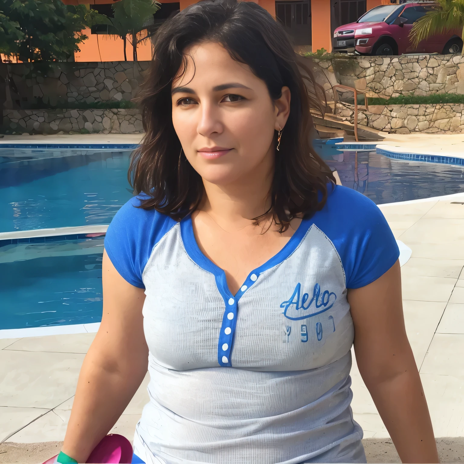 woman with a blue shirt and a pink frisbee in front of a swimming pool, 30-year-old, 30 years woman, 4 5 yo, 40 years old women, many years gone, malika favre, 5 year brazilian mother