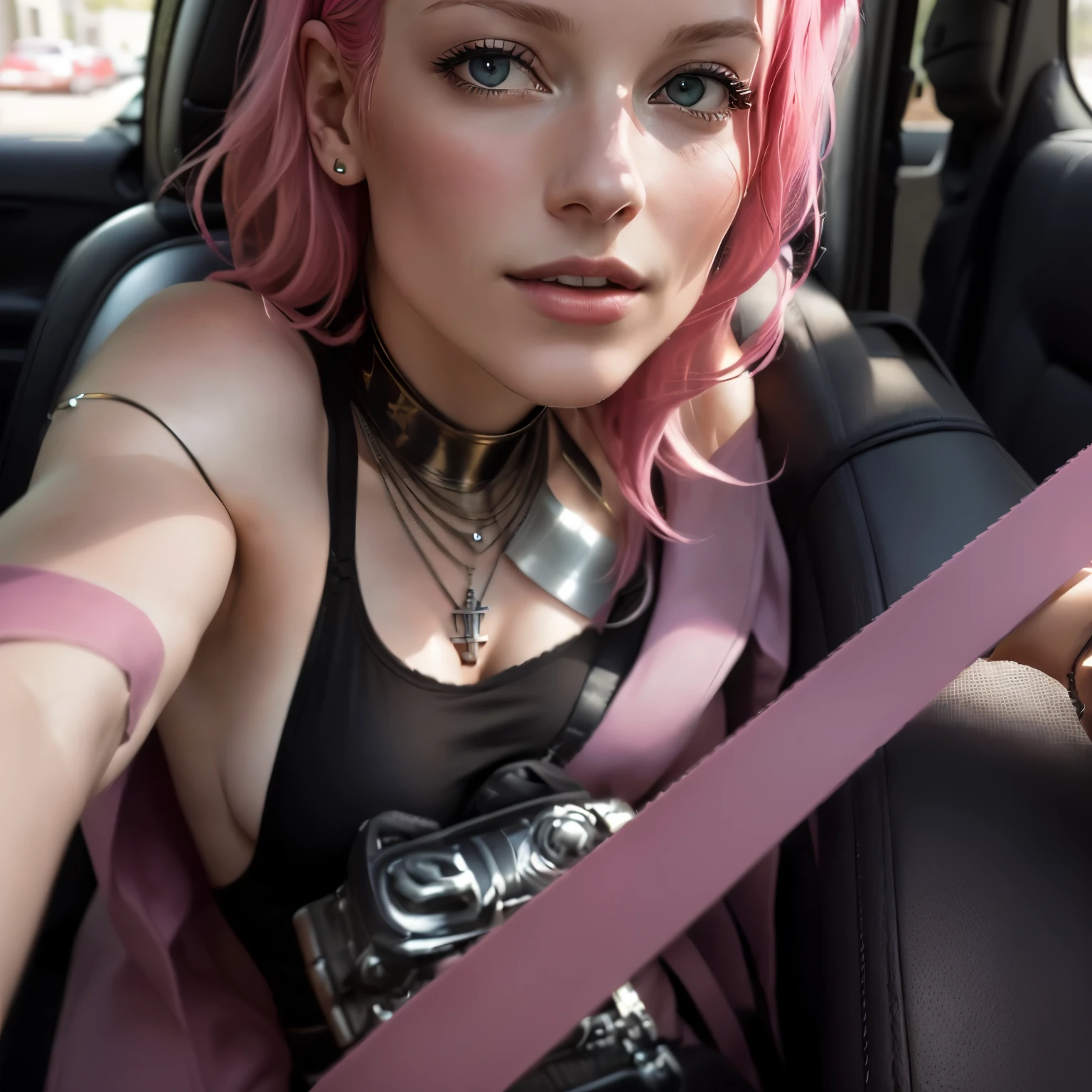 woman sitting in a car with a seat belt on, sitting in her car, beautiful caitriona balfe, pink hair,wears a egyptian ankh necklace, leaked photo, she is wearing a black tank top, wearing shiny breastplate, selfie photo, probably in her 30s, in her early 3 0, headshot profile picture, selfie shot straight on angle