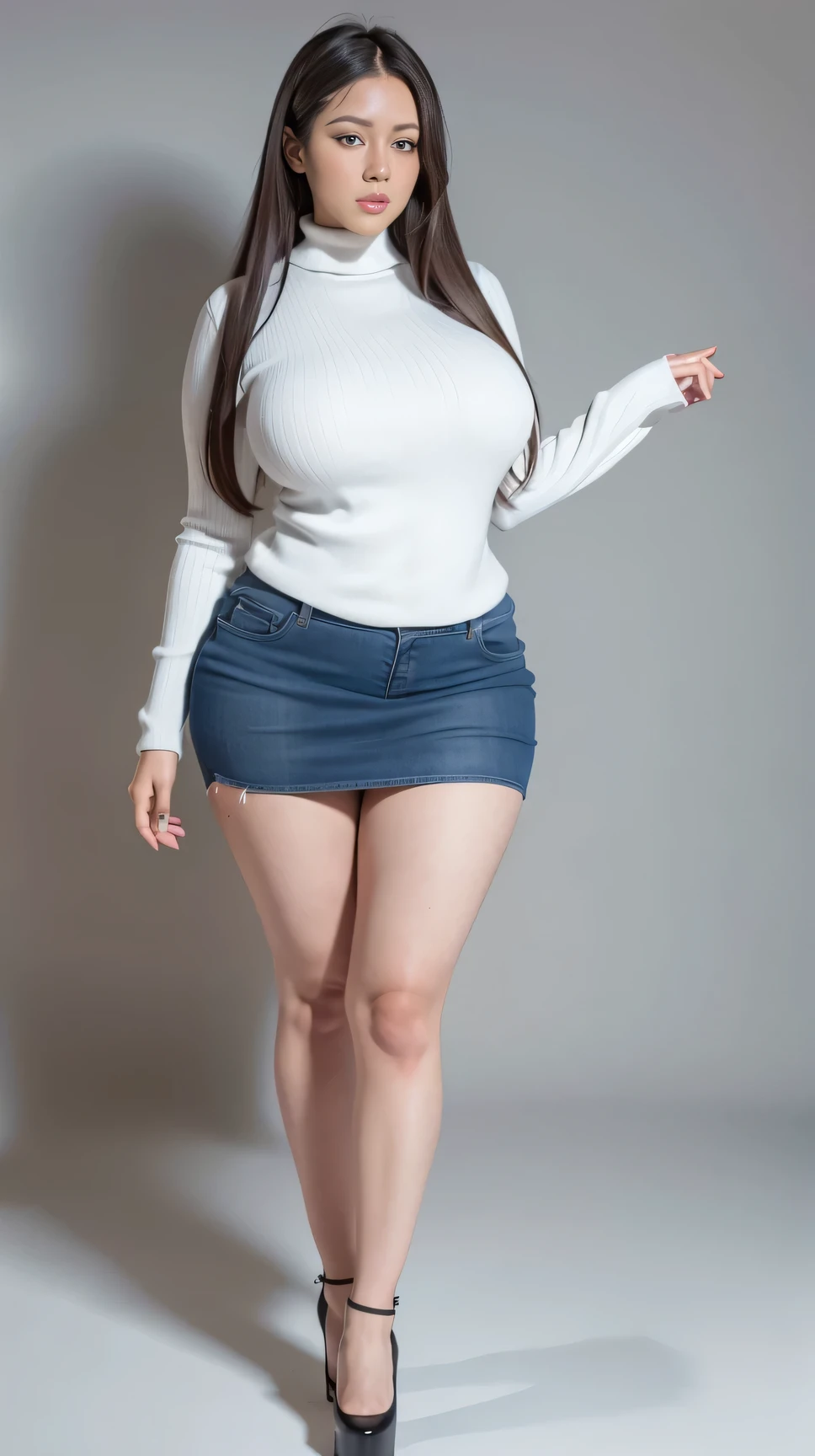Full body shot of 1 beautiful woman, adult, large body, voluptuous woman, (very long straight hair),( brunette hair), outlined eyelids, made-up eyelids, turtleneck sweater, scarf, neckline, (blue mini denim skirt), tempting , dreaming, curvy hourglass figure, oppai proportion, tight skirt , tall, tall, long legs