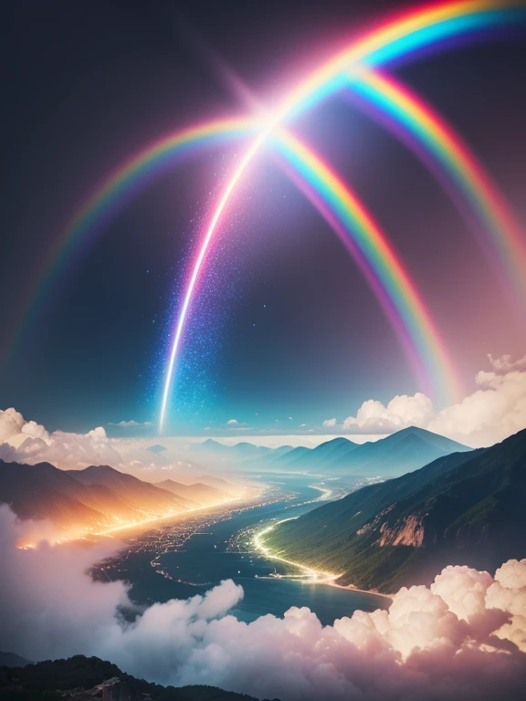 Rainbows appear over cities and rivers，hay barcos, Arcoiris en el cielo, fotograma de ophanim arcoiris, solo un arcoiris 8 k, Similar a la doble helada, nimbo arcoiris brillante, ethereal rainbows, Rainbow reflections, Rainbow clouds, arcoiris en el fondo, soleado arcoiris galaxia mar tormentoso, Arco Iris BG, Rainbow, lloviendo arcoiris, nubes iridiscentes，4k ultra hd, ultra high resolution, (fotorrealista: 1.4), mejor calidad，Obra maestra，Ultradilution，（color pastel：1.2）