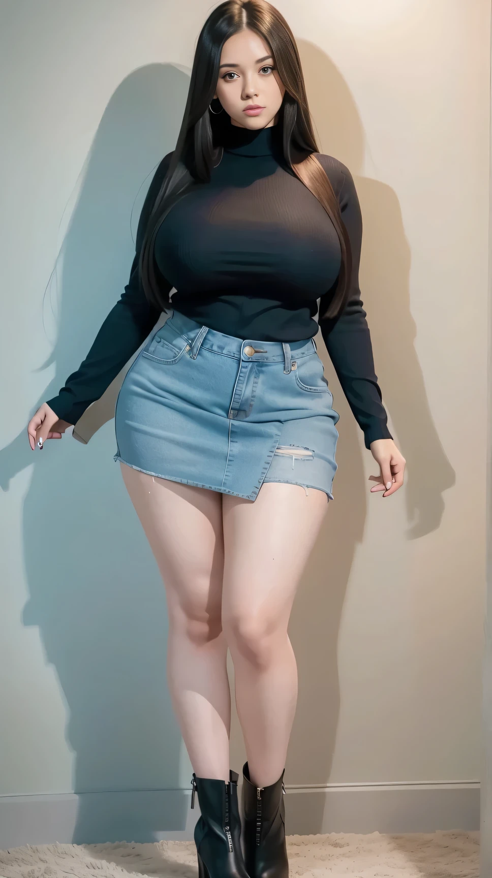 Full body shot of 1 beautiful woman, adult, large body, voluptuous woman, (very long straight hair),( brunette hair), outlined eyelids, made-up eyelids, turtleneck sweater, scarf, neckline, (blue mini denim skirt), tempting , dreaming, curvy hourglass figure, oppai proportion, tight skirt , tall, tall, long legs