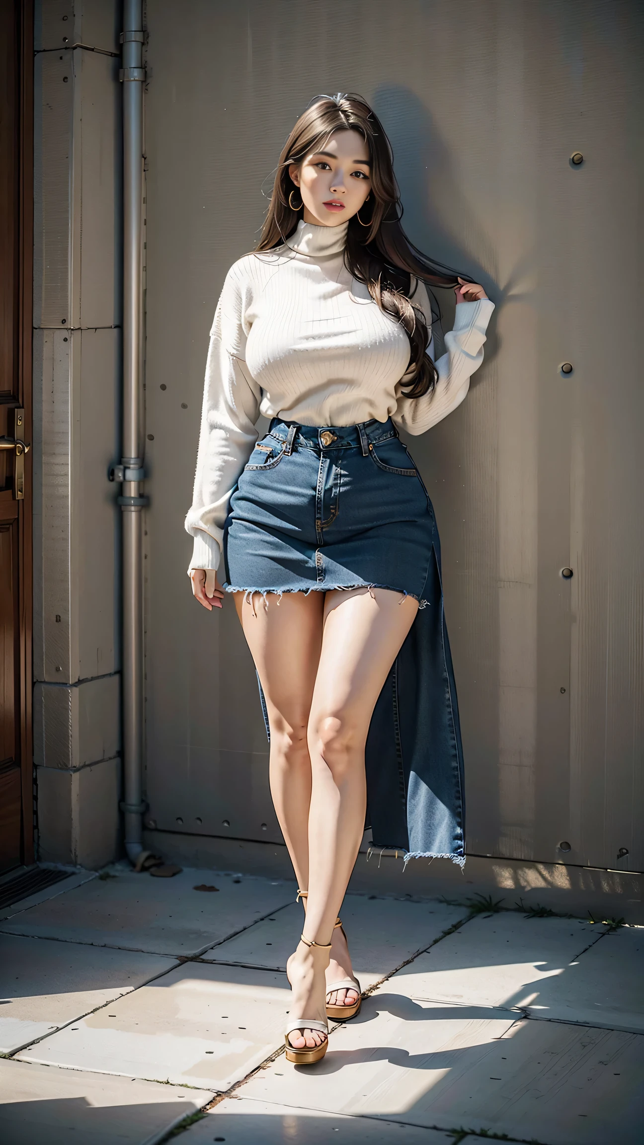Full body shot of 1 beautiful woman, adult, large body, voluptuous woman, (very long straight hair),( brunette hair), outlined eyelids, made-up eyelids,  turtleneck sweater,  scarf, neckline, (blue mini denim skirt),  tempting , dreaming, curvy hourglass figure, oppai proportion, tight skirt , tall, tall, long legs