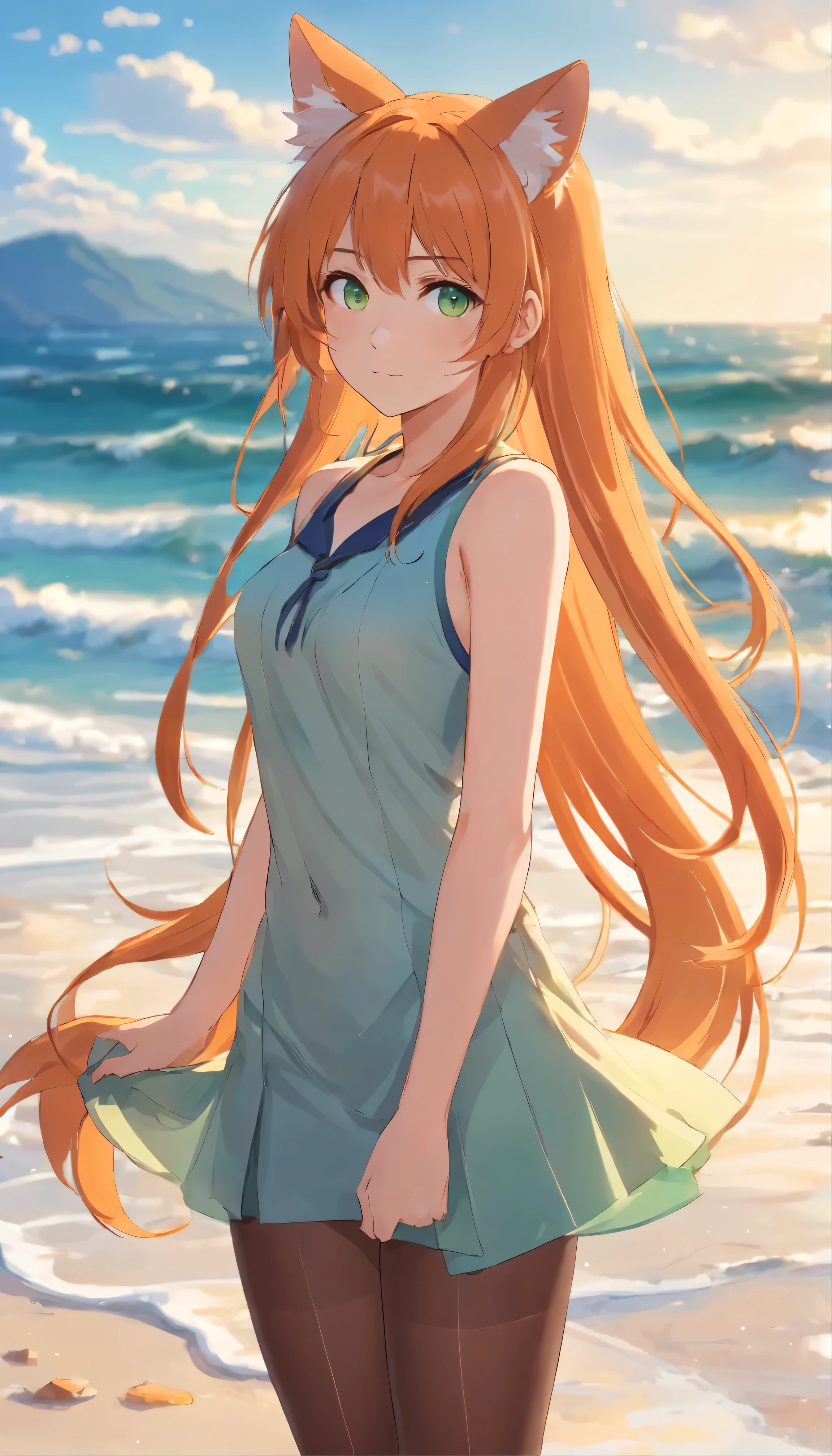 Anime girl with long orange hair, standing on the beach near the ocean, green eyes detailed digital anime art, cat ear, anime girl with long hair, гладкое аниме cg art, anime girl with long hair, digital anime art, work in Guweiz style, Beautiful anime portrait, Photorealistic render of an anime girl, pantyhose, Beautiful anime girl, advanced digital anime art, guweiz на artstation pixiv HD UHD HQ