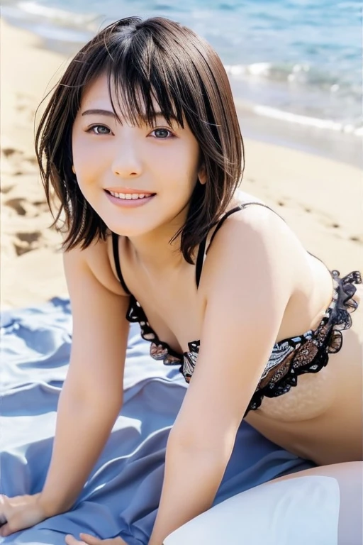 Japanese、Beauty、(masterpiece), (highest quality), (Super Detail), ⁽short hair⁽), (whole body), (1 female), (full body), (Idol), Beautiful fine details, 繊細でBeautiful Face, floating, (High saturation), (Swimwear), Black Hair, bangs, A big smile, Girl in Love, highest quality, Very detailed, smile, Smart, Beautiful Face, 4K、8K、Low - Angle、Lying on your back、Michan、Sandy Beach、Beach、Lying down、M字Leg spread、Leg spread、