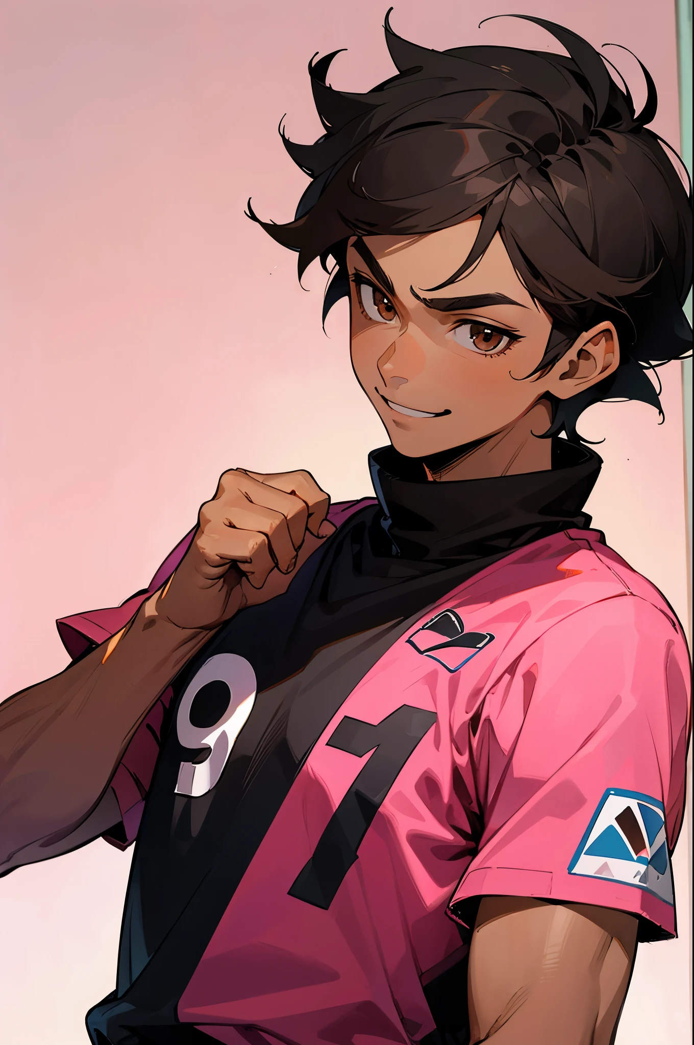 brown eyes, brown skin,black hair,soccer field backgrund, pink soccer jersery , young male,smirk expression, upperbody, lean build