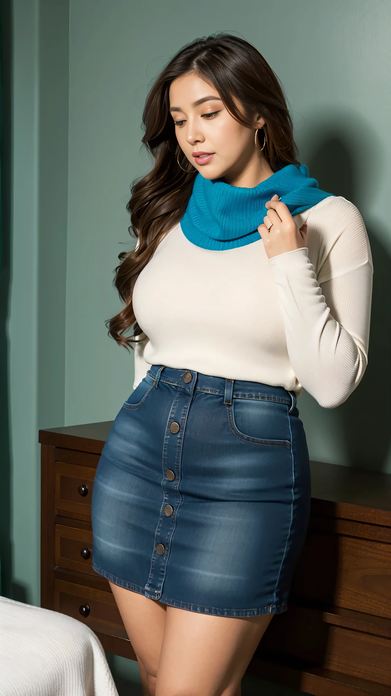 Full body shot of 1 beautiful woman, adult, large body, voluptuous woman, (very long straight hair),( brunette hair), outlined eyelids, made-up eyelids, turtleneck sweater, scarf, neckline, (blue mini denim skirt), tempting , dreaming, curvy hourglass figure, oppai proportion, tight skirt , tall, tall, long legs