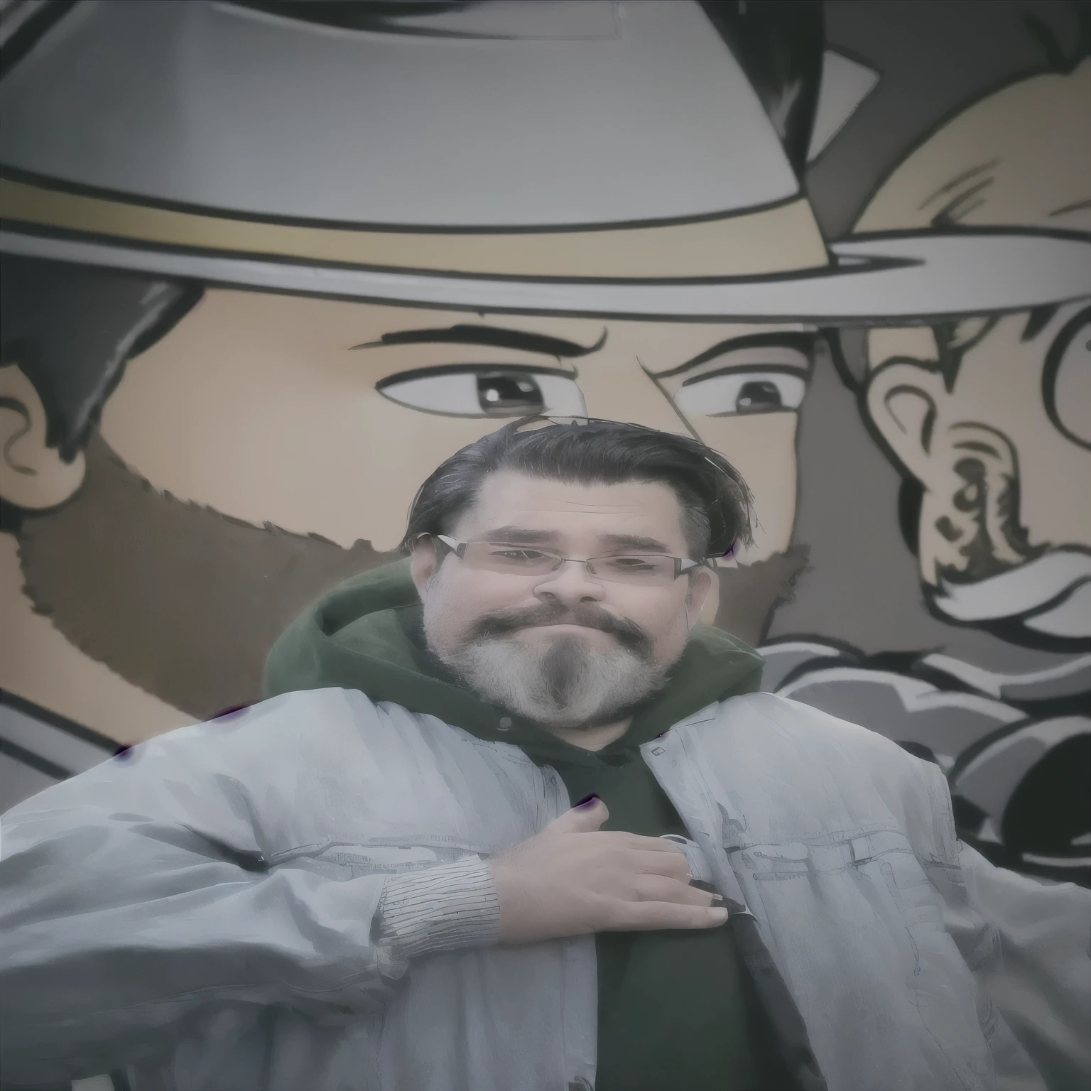 there is a man with a beard and a hat standing in front of a cartoon, twitch streamer / gamer ludwig, matt groening style, cel - shaded art style, realistic