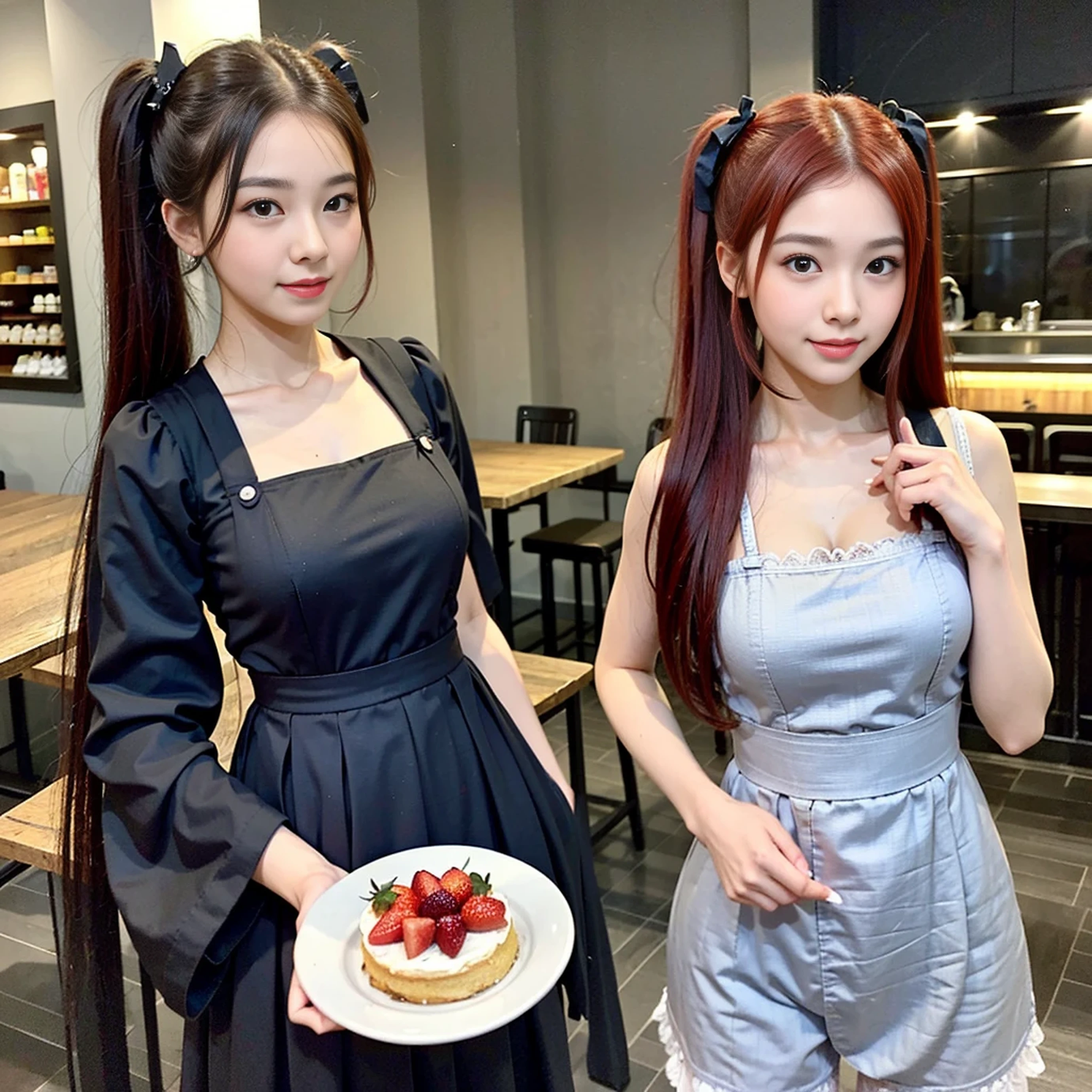 Promotional photo, the place is a coffee shop, 1 girl, -yeld fa waitress carrying cake to the table, red-haired twin tails, gentle face, half costume of gothic lolita and maid costume with the image of strawberries, clothes based on white,