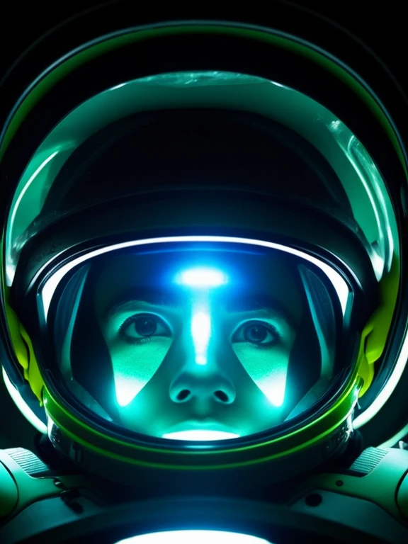 Generan una imagen de un astronauta frente al Planeta Verde fluorescente. A unique astronaut emerges from inside the spaceship. Back