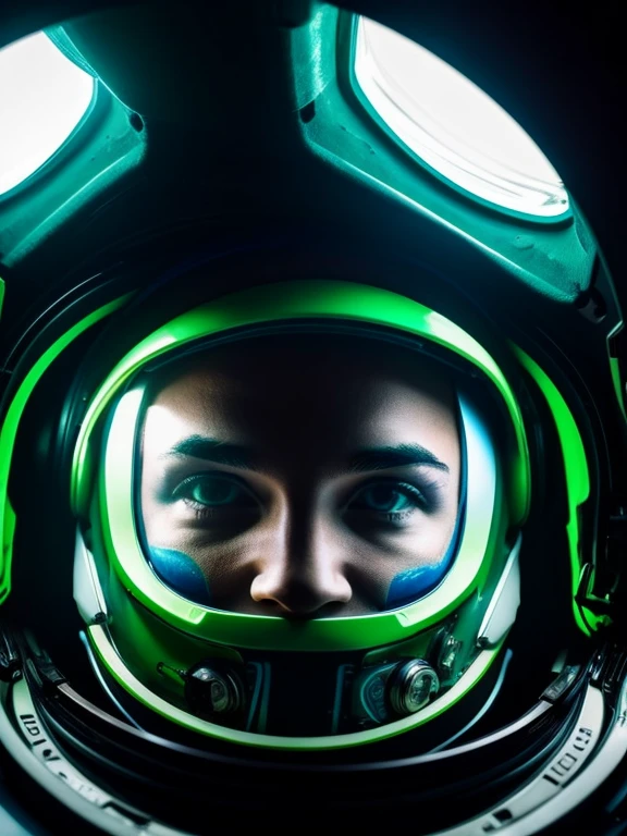 Generan una imagen de un astronauta frente al Planeta Verde fluorescente. A unique astronaut emerges from inside the spaceship. Back