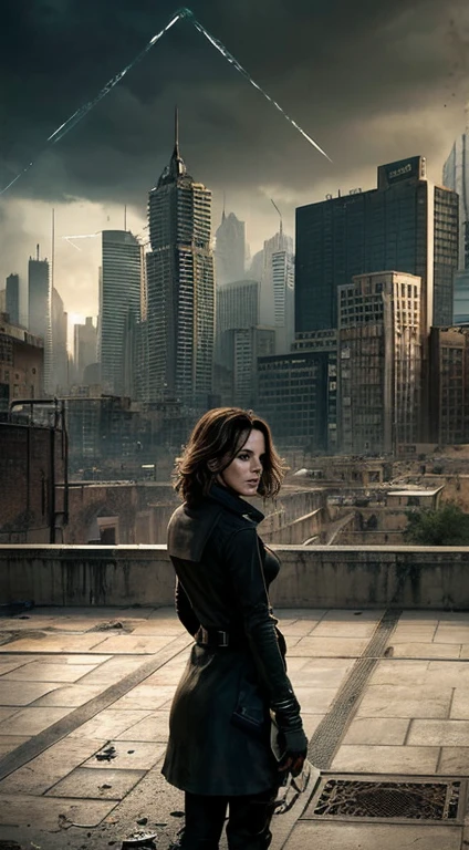 Foto hiperrealista en primer plano de Kate Beckinsale, masterpiece, best quality, (photorealistic:1.4), Create dystopian masterpieces. Depict the cityscape in the gritty style of the game's concept art. This work should evoke a sense of abandonment and despair in a futuristic, post-apocalyptic world. Notice the intricacies of detail, the sharp focus.