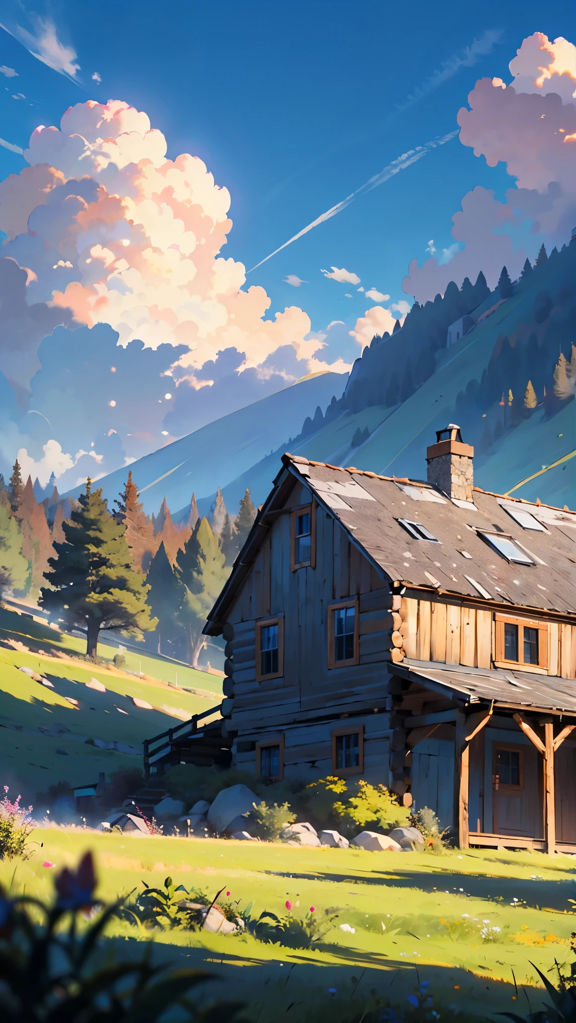 LOG HOUSE ON THE EDGE OF CLIFF, FAR AWAY, FARMLAND, BLUE SKY, WHITE CLOUD, GOLDEN HOUR