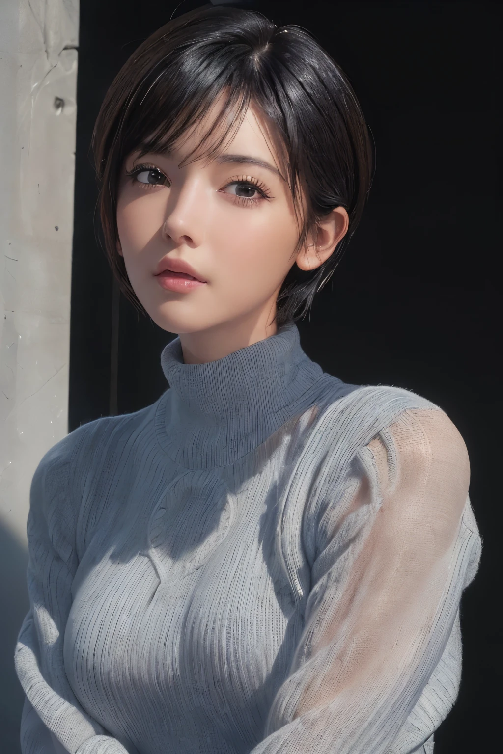 A woman with a short black hair wearing a gray turtle neck sweater ...