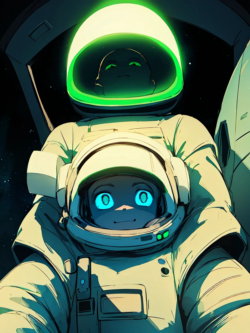 Generan una imagen de un astronauta frente al Planeta Verde fluorescente. A unique astronaut emerges from inside the spaceship. Back