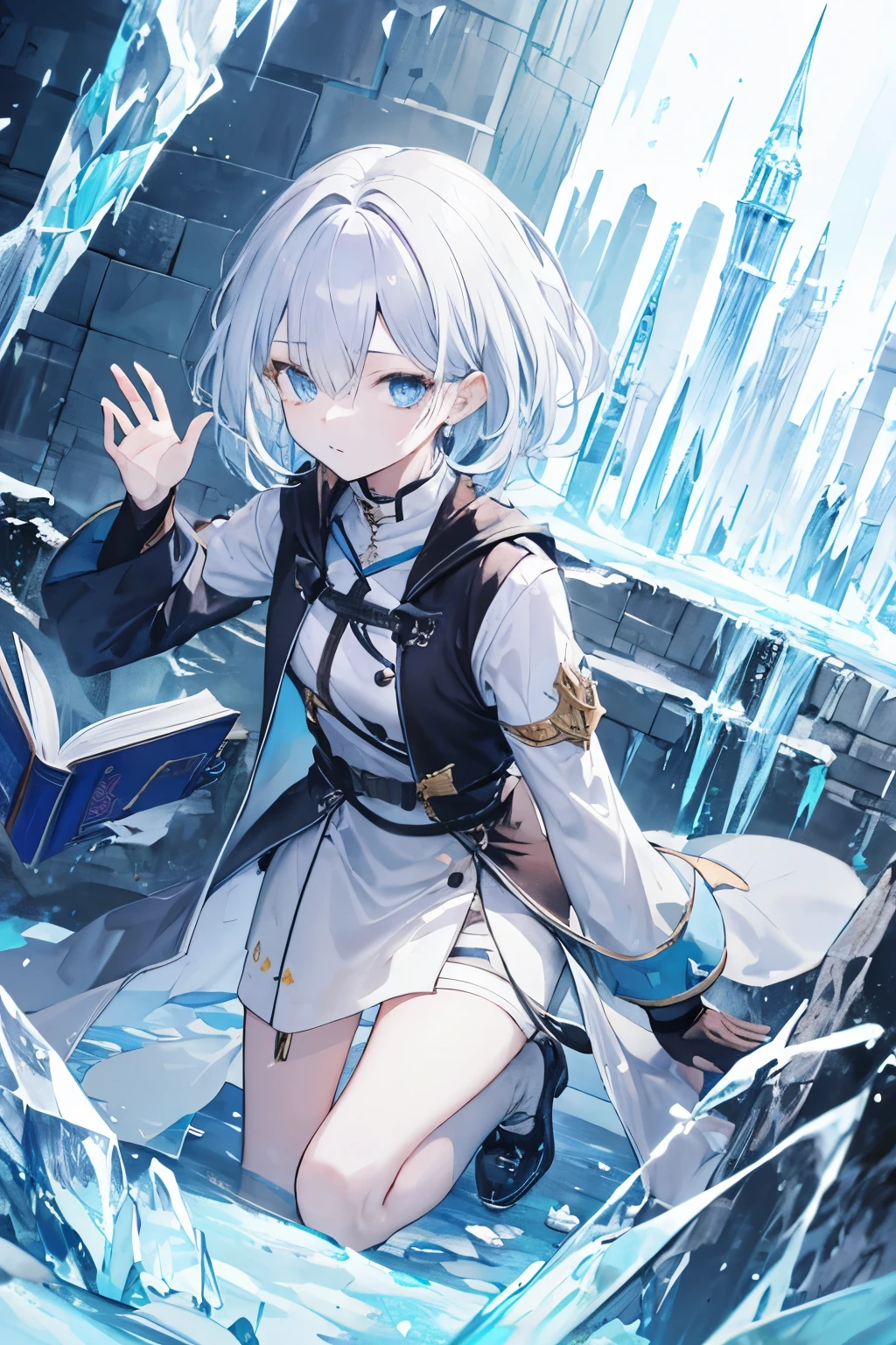 Woman with short hair and a calm and cute look. Hair pulled to one side so one eye is visible.、The other eye is hidden by hair。
The hair is medium length、Lightly wavy。
Pale blue eyes and ice powers: Has the ability to control ice、Freeze enemies or、Can create ice barriers。
Seeker of Knowledge: As a scholar、Value knowledge、He is passionate about discovering ancient ruins and uncovering mysteries during his adventures.。I have a book