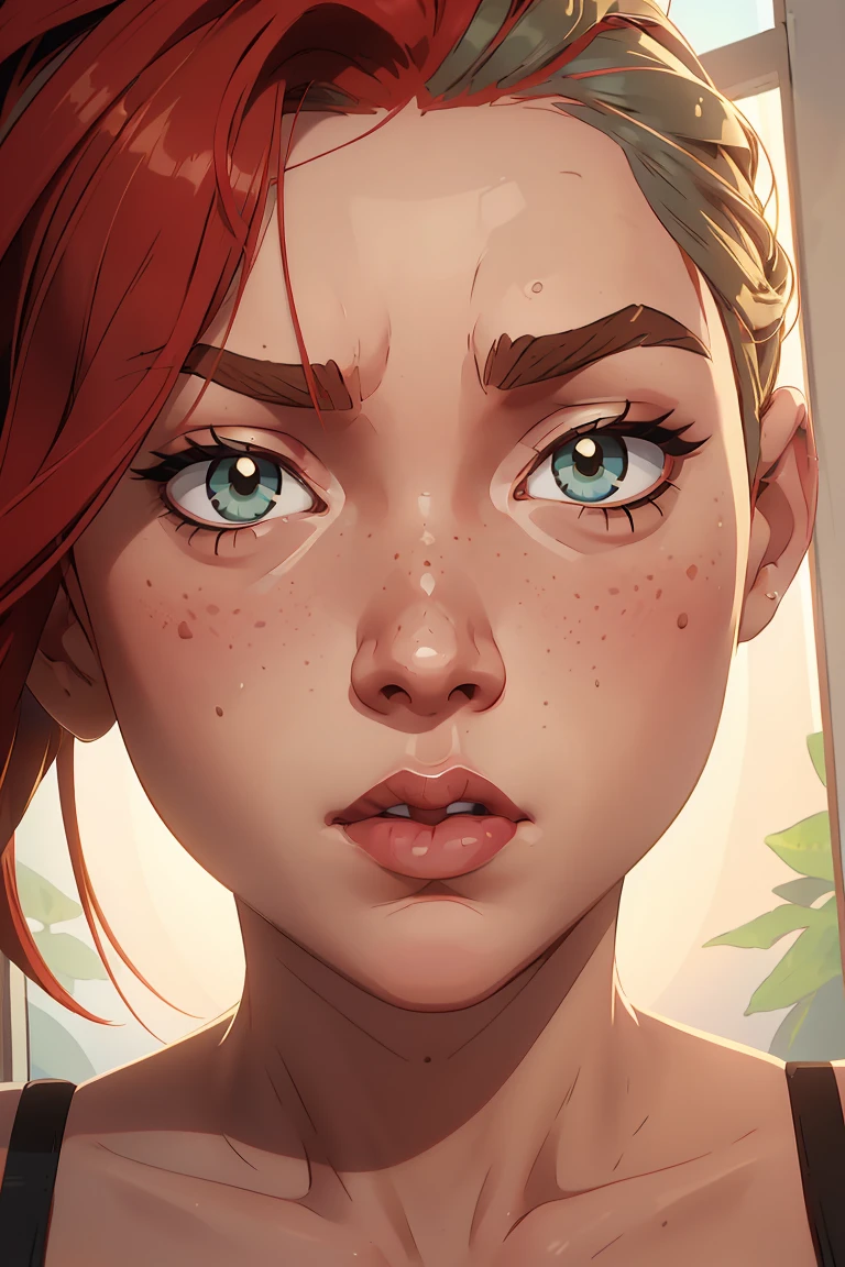 jennifer lawrence, 1girl, red haired chubby pale girl, green eyes, freckles, half asymetric red hair, cute, small height, stain lipstick, long eyelashes, primer, cream eyeline, ((small breasts)), cute, beautiful, realistic style, highly detailed, 4k, embarrassed expression, ((golden ratio, center frame)), (((RISA))), face in center of picture ((Chubby)), ((body of sydney sweeney)), wide hips, inflated legs, thick thighs, ((detailed face))))), 4k, highly detailed face, cute, slutty, sensual, seductive look, seductive, standing in front of window, ((white one-piece swimsuit)), ((((((portrait, close-up of face)))))