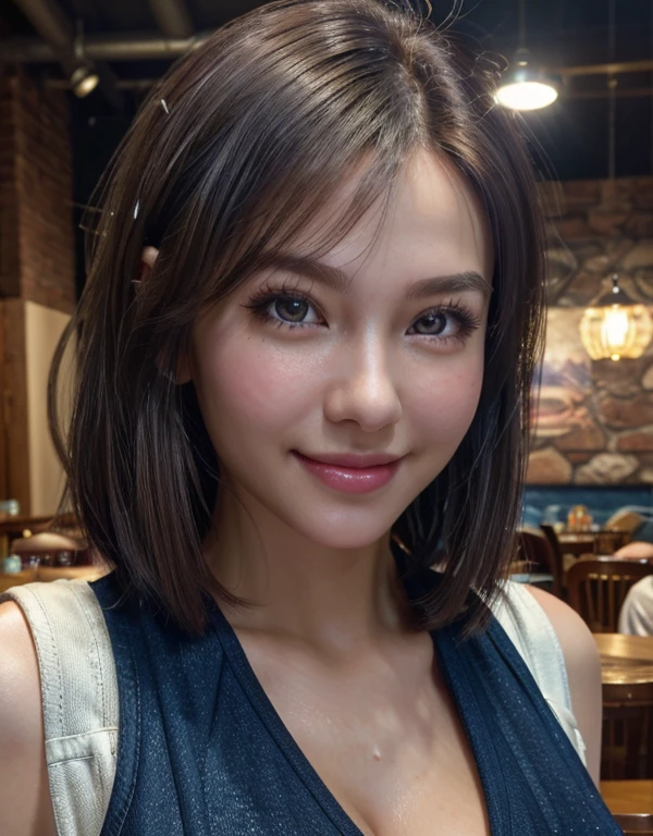 ((((Tabletop, highest quality, High resolution)))), Extremely detailed 8K, Beautiful girl with slim body, (Ultra HD, Very detailed, Very detailed, Very realistic, Ultra-realistic, Photo Real), (One girl:1.5), Short Wavy Hair, Bobcut, (Dynamic Pose), To the camera, Light Smile, Purple eyes, (Medium Breast: 1.2), (Beautifully detailed face, Beautiful fine details), (White vest, Thin material), Cleavage, dark denim shorts, Shine, Sweat, (Light of the sun, sunlight),naked,Exposed breasts,((Face close-up))