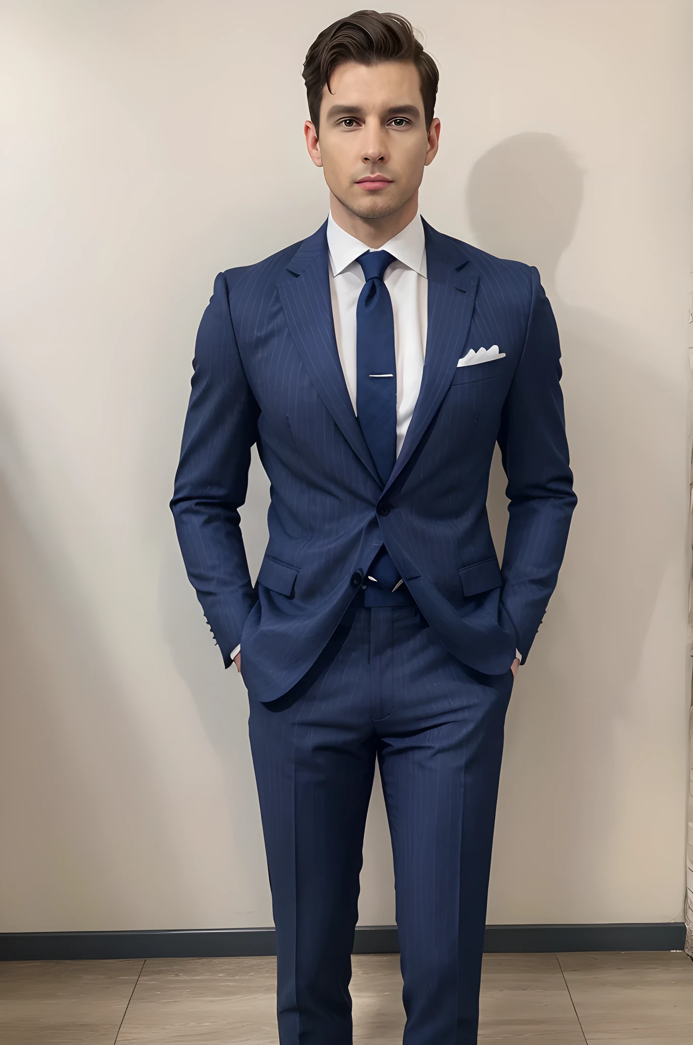 A full-body shot of a man in a tailored three-piece suit, standing confidently with his hands in his pockets. His suit is a deep navy blue with subtle pinstripes, complemented by a crisp white shirt and a burgundy tie. The image should capture the sharp lines and impeccable fit of the suit, emphasizing his broad shoulders and slim waistline.
