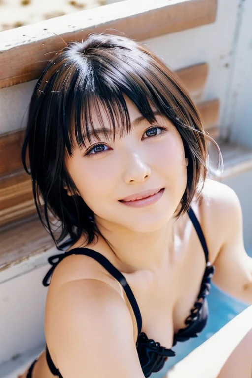 Japanese、Beauty、(masterpiece), (highest quality), (Super Detail), ⁽short hair⁽), (whole body), (1 female), (full body), (Idol), Beautiful fine details, 繊細でBeautiful Face, floating, (High saturation), (White swimsuit), Black Hair, bangs, A big smile, Girl in Love, highest quality, Very detailed, smile, Smart, Beautiful Face, 4K、8K、Low - Angle、Lying on your back、Michan、Sandy Beach、Beach、Lying down、gravure、