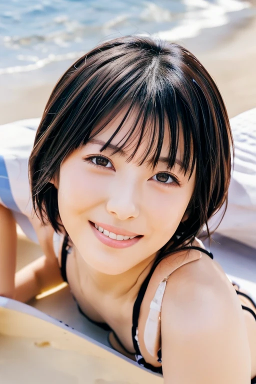 Japanese、Beauty、(masterpiece), (highest quality), (Super Detail), ⁽short hair⁽), (whole body), (1 female), (full body), (Idol), Beautiful fine details, 繊細でBeautiful Face, floating, (High saturation), (White swimsuit), Black Hair, bangs, A big smile, Girl in Love, highest quality, Very detailed, smile, Smart, Beautiful Face, 4K、8K、Low - Angle、Lying on your back、Michan、Sandy Beach、Beach、Lying down、gravure、