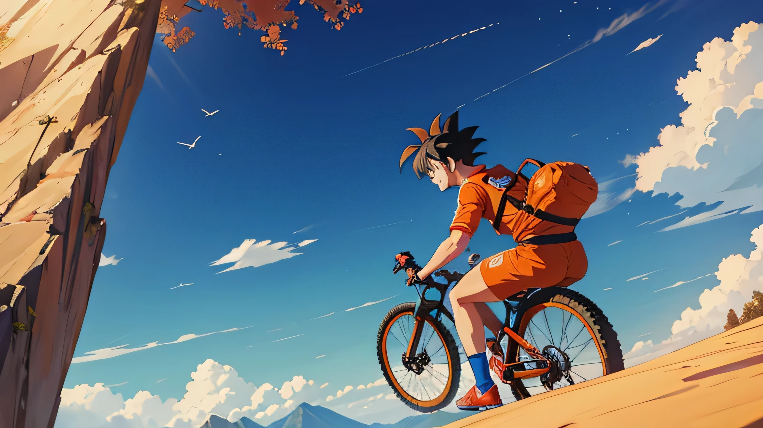 Goku riding a mountain bike on trails