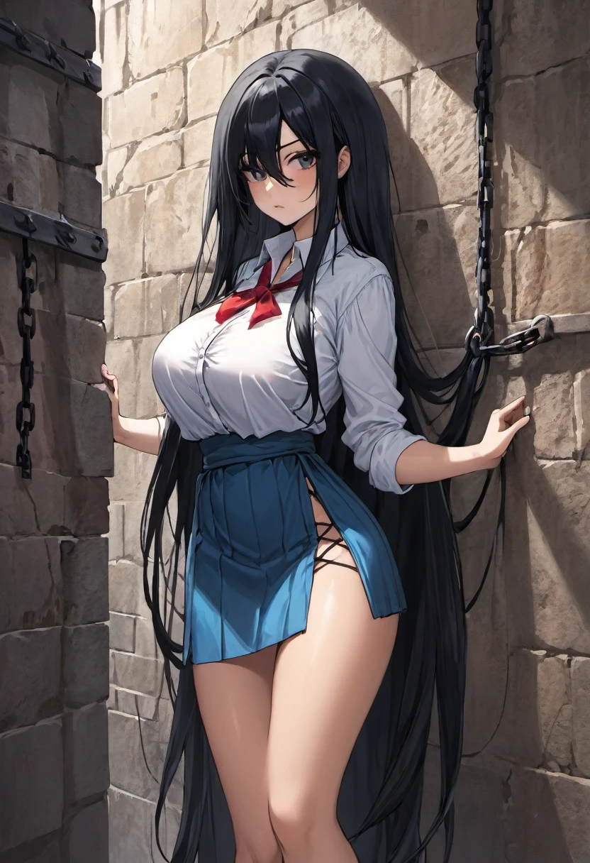 Fantasy dungeons scenario an Italian girl with very long black hair, thin, gigantic breasts the girl wears a blouse and a miniskirt with lapels, the girl is a prisoner, tied to the wall, slave collar