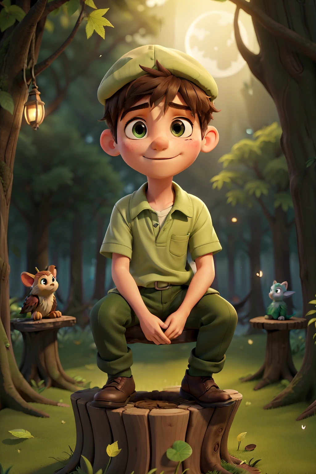 Describing Scene: A boy, wearing a green tunic and cap, reminiscent of Peter Pan, sits on the edge of a tree stump in a moonlit forest. The silver moonbeams illuminate his face, casting long shadows, as he gazes at the night sky with a wistful expression. Memories of playful adventures flicker in his eyes. Suddenly, he hears the distant sound of laughter and the familiar sound of a ticking clock. A glimpse of brown leather wings catches his gaze, and a feeling of excitement and longing fills his heart. The gentle rustling of leaves and the chirping of crickets accompany the peaceful scene, transporting him back to the magical