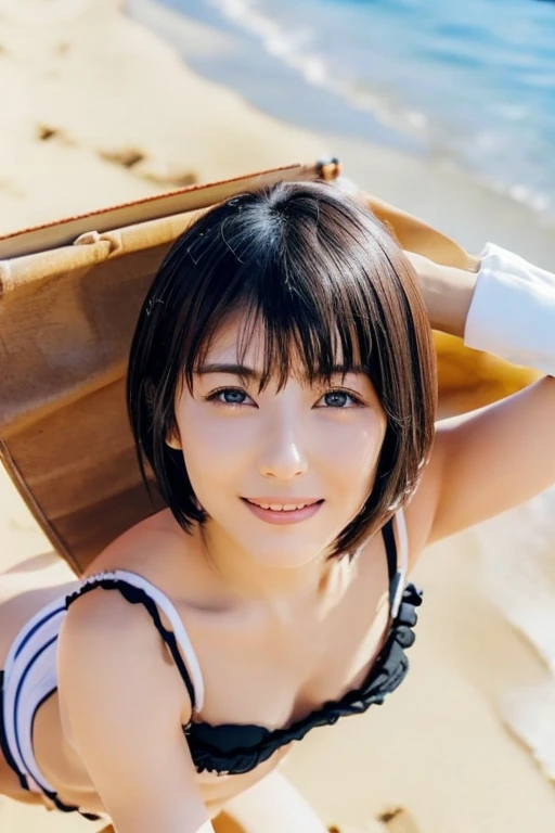 closeup shot , Best picture quality (8K, high resolution, Masterpiece: 1.2), super detailed,  215 Short Hair, 16-year-old woman, 

situation: While sitting on the beach、A woman holding a soft serve ice cream and looking at the sea。
clothing: White summer dress、straw hat、Sandals。
angle:
Close-up: Hands holding soft serve ice cream、A detailed look at a smiling face。
Detailed depiction: Blue sea and sky in the background、Sandy beach texture background、Emphasizing the freshness of summer。
Emotional moment: A happy expression after taking a bite of soft serve ice cream、Capture the moment when your hair flutters in the ocean breeze。


, Close-up of face :1.5

, random cute pose ,big eyes ,Puffy eyes  Heart Pupil, blush  , huge shy smile , salute

