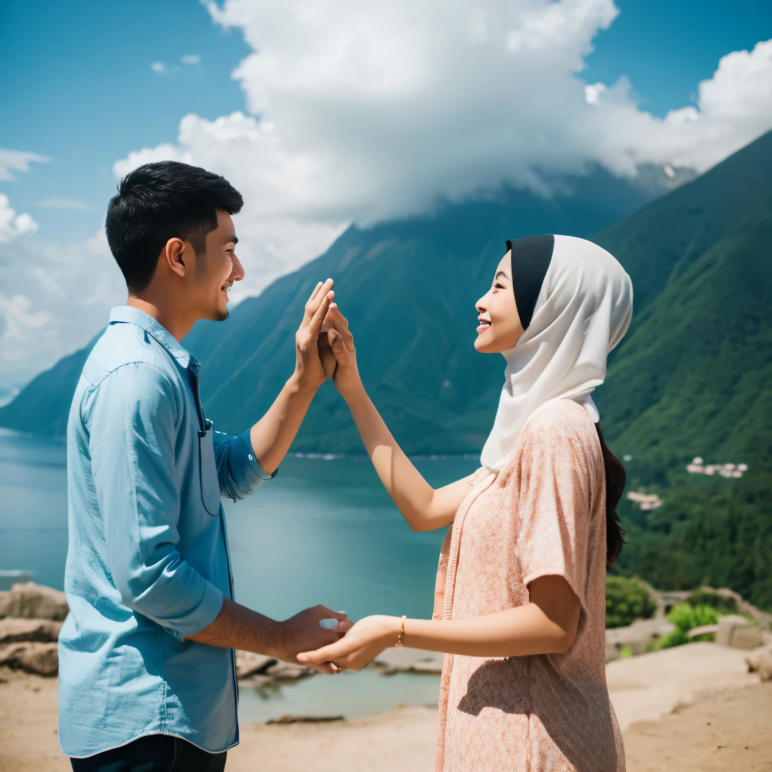 Muslim Asian Couple having hand in hand and clouds in the background.