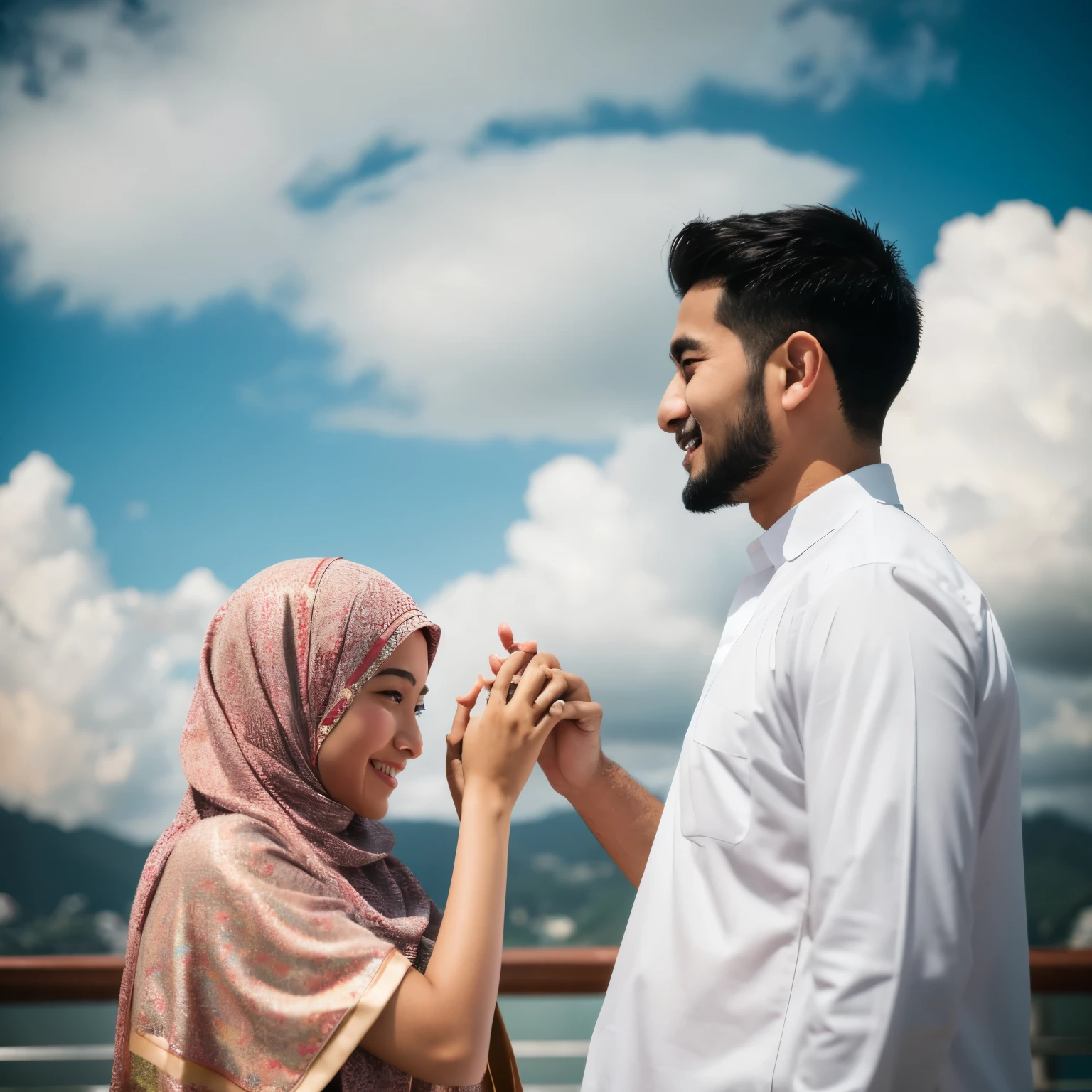 Muslim Asian Couple having hand in hand and clouds in the background.  