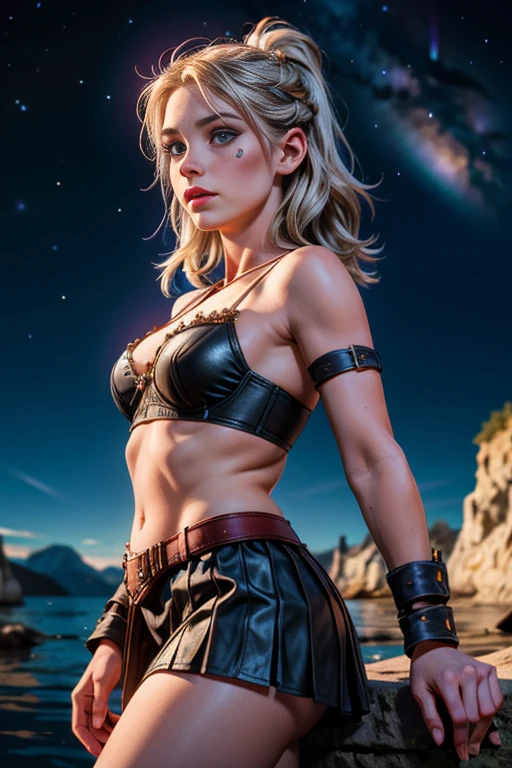 une femme de 25 ans, guerrière viking, very detailed, leather bra and skirt, tatouage viking, dans un fjord, de nuit, stars, Milky Way, war paint on the face