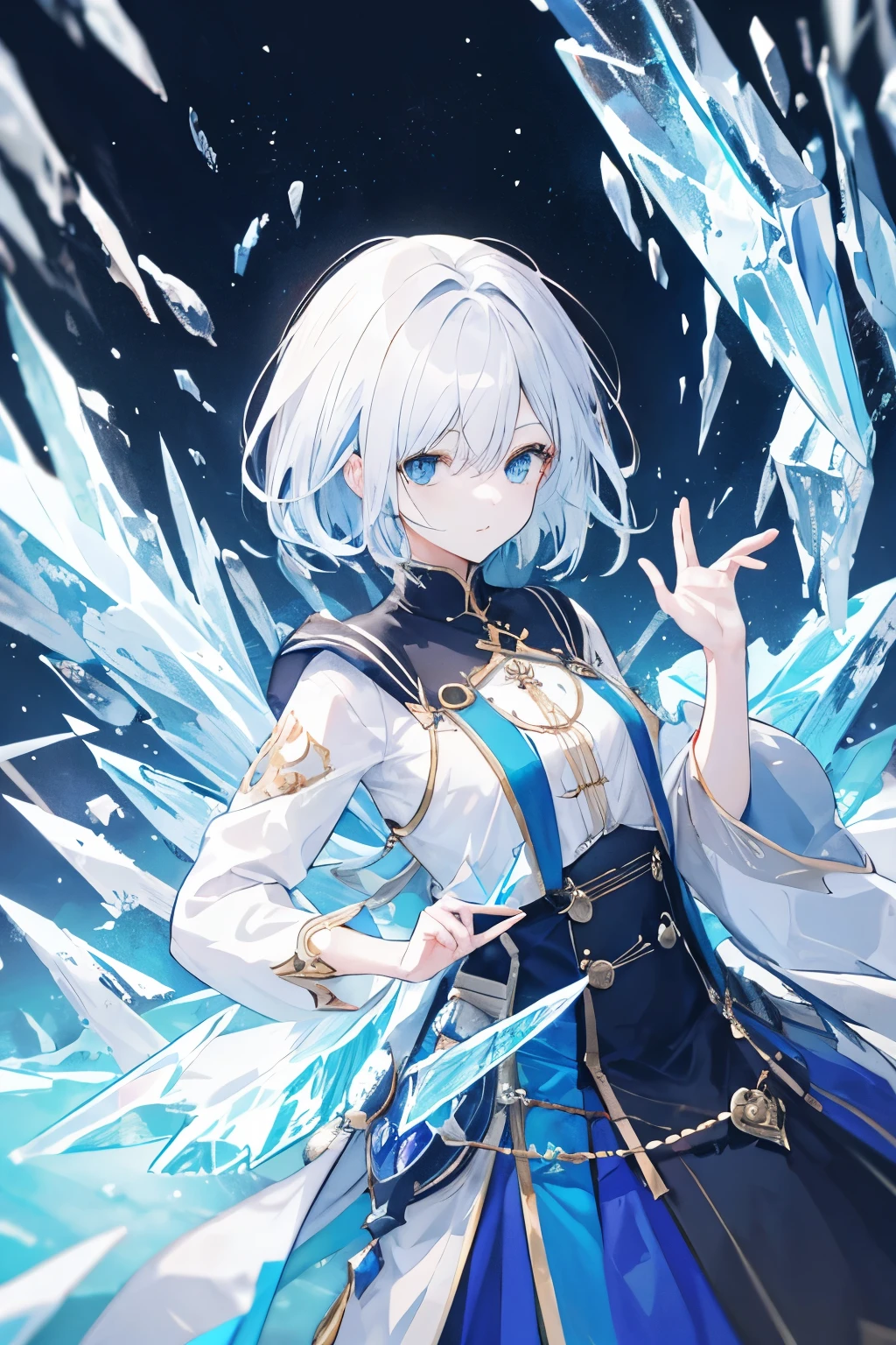 Woman with short hair and a calm and cute look. Hair pulled to one side so one eye is visible.、The other eye is hidden by hair。
The hair is medium length、Lightly wavy。
Pale blue eyes and ice powers: Has the ability to control ice、Freeze enemies or、Can create ice barriers。
Seeker of Knowledge: As a scholar、Value knowledge、He is passionate about discovering ancient ruins and uncovering mysteries during his adventures.。I have a book