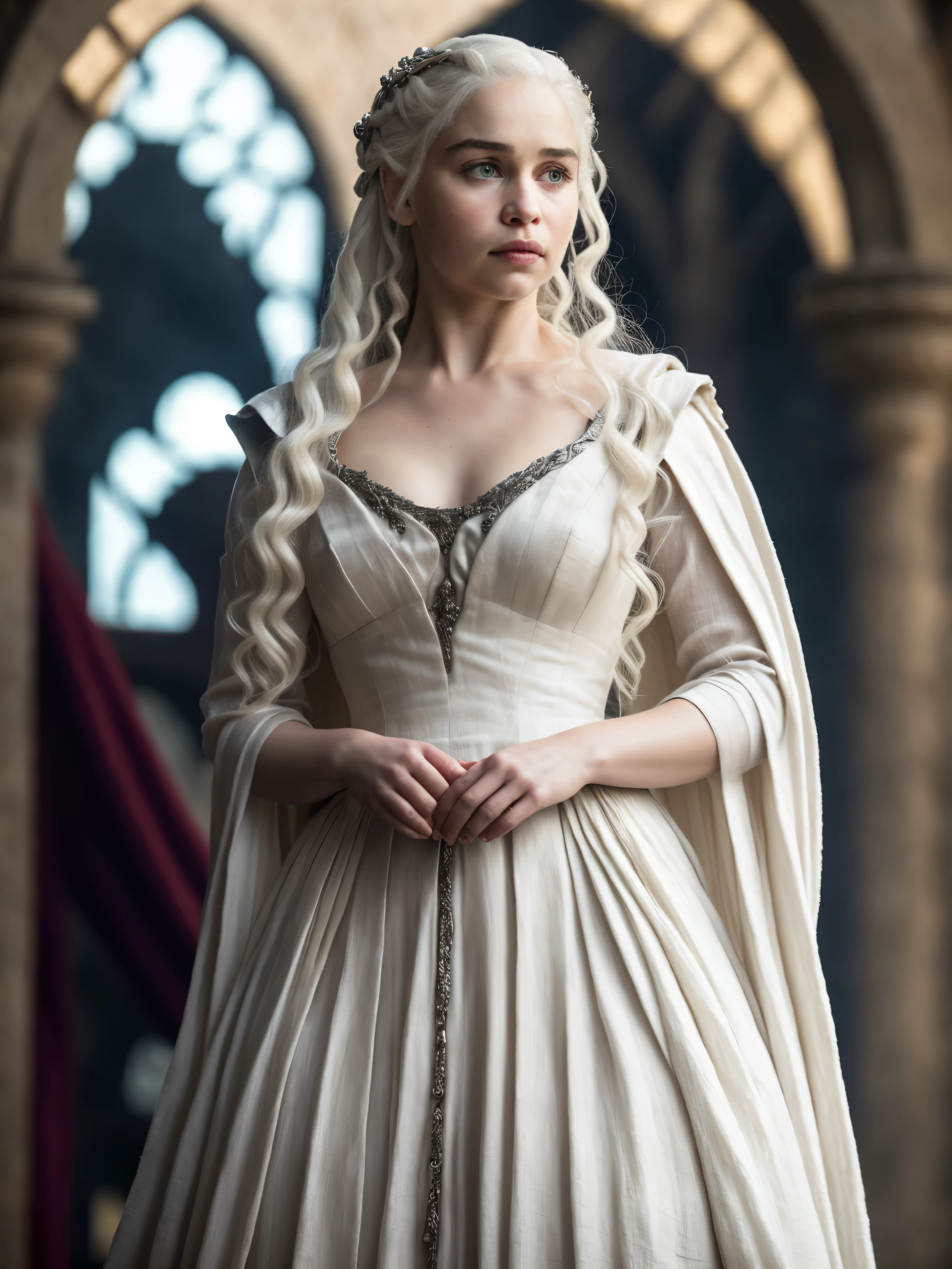 full body view, perfect light masterpiece, daenerys targaryen, gorgeous woman, queen, Queen Lady, Princess of Dragonstone, black mole on the chest, Unburnt, Queen Meereen, Queen of the Andals, Roynar and the First Men (plaintiff), Defender of the Seven Kingdoms (plaintiff), Khaleesi of the Great Grass Sea, Shackle Breaker, Mother of Dragons, tome, Who was promised, Lady of Dragonstone , Best Quality, Little, Charming beauty, Charming woman, Full body mature milf, Lustful Queen, Alluring appearance, incomparable beauty, Medieval costumes, Game of Thrones costume, woman from the middle ages, daenerys targaryen, Daenerys, reminiscent of Emilia Clarke, Emilia Clarke, Scene from "Game of Thrones," deep cleavage, Warrior princess, healthy body, attractive figure, fleshy body, style of "Game of Thrones, Beautiful lady, a handsome female, medieval garb, stunning woman, 8K, insane details, dress made of clothes and jewelry, Perfect hair, Styled hair, perfect arms, Perfect fingers, Perfect eyes