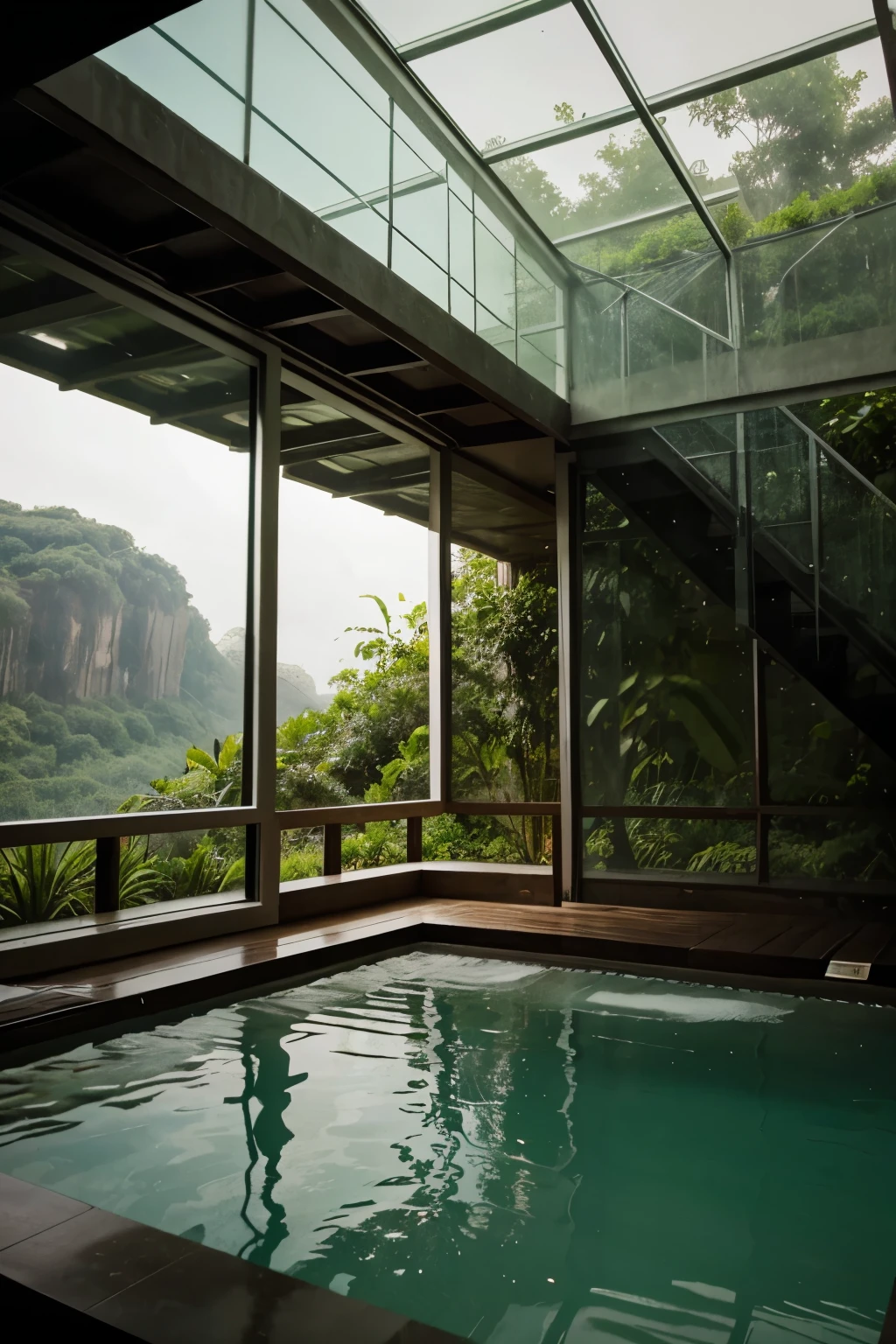 glass house on the rock with a beautiful view in a humid and green environment