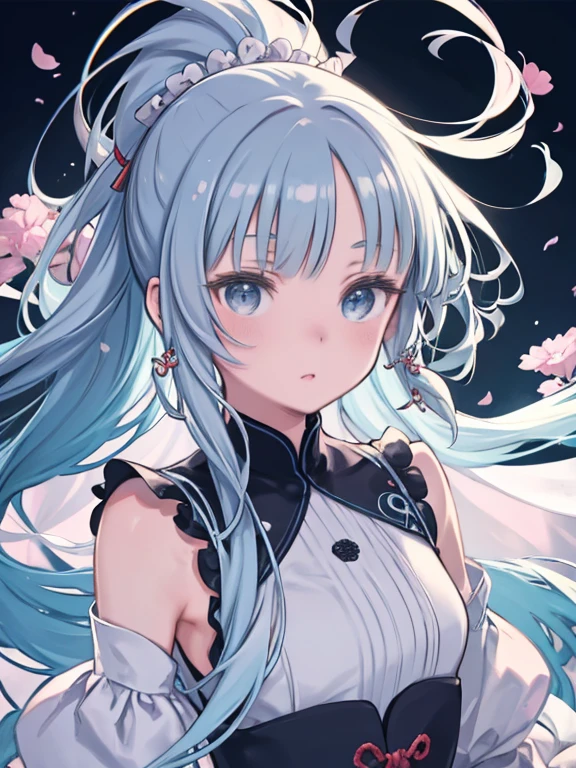 (masterpiece), (highest quality), (Super detailed),(Disheveled Hair),(figure), (One girl), (Fashionable clothes), Are standing, Fashion Model, View your viewers, (interview), (Simple Background),Beautiful fine details, Delicate and beautiful face, floating,(High saturation),(Colorful splashes),Colorful bubbles,(The Shining), Focus on the face, ponytail, kamisato ayaka, Light blue hair, bangs, Hair Ring, Floating Flowers, Floating hair, (The Shining), Best lighting, Best Shadow,