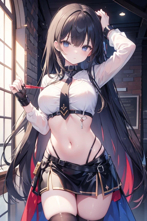 Fantasy dungeons scenario an Italian girl with very long black hair, thin, gigantic breasts the girl wears a blouse and a miniskirt with lapels, the girl is a prisoner, tied to the wall, slave collar
