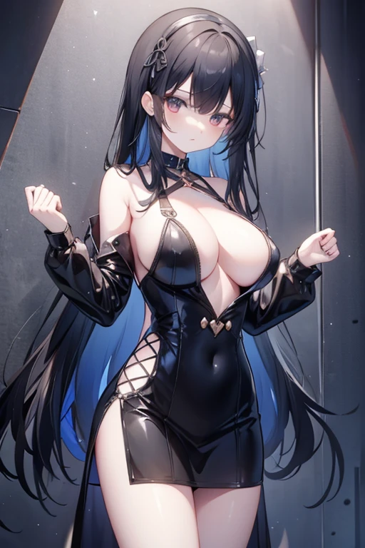 Fantasy dungeons scenario an Italian girl with very long black hair, thin, gigantic breasts the girl wears a blouse and a miniskirt with lapels, the girl is a prisoner, tied to the wall, slave collar