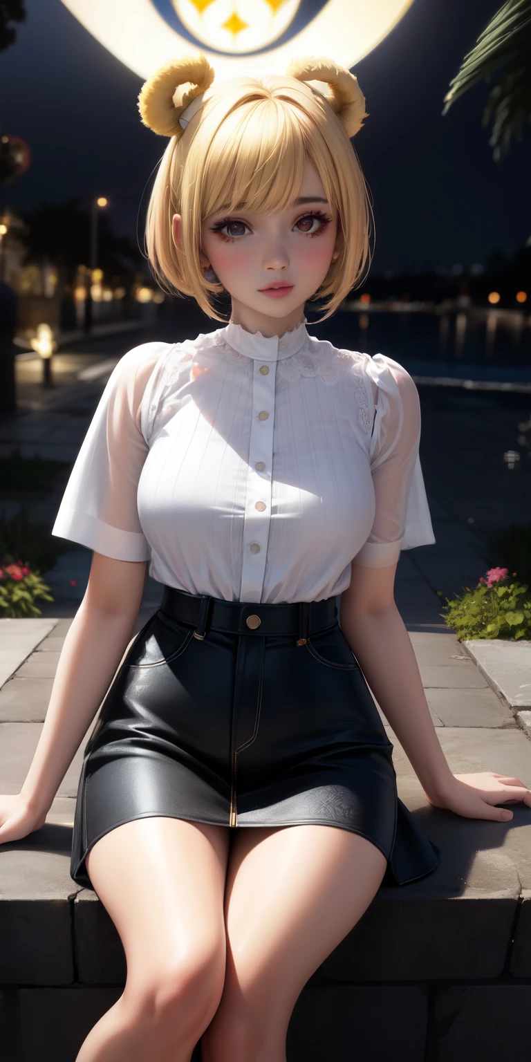 creates a woman with a delicate and beautiful face, short orange blonde hair. Mint green eyes and subtle freckles. short stature, short navy blue turtleneck top. curvy body. Black jean skirt with wide planks, black belt with gold buckle. white sports shoes. black stockings pretty lips red sports jacket, sitting on the grass. makes the gesture of peace and love over his eye