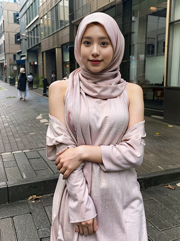best qualtiy，tmasterpiece，超A high resolution，RAW photogr，1girl in，pashmina pastel hijab、smil、arms in arms、professional photograpy、Same skin type as humans、Female proofreading of Japan from head to foot、Blur the background、Draws faithfully to anatomy、Very detailed and beautiful、Ultra-high image quality、long、hijab swaying and sexy、Very detailed beautiful girl、hijab to the shoulders、Sweaters、full body photo shoot 
