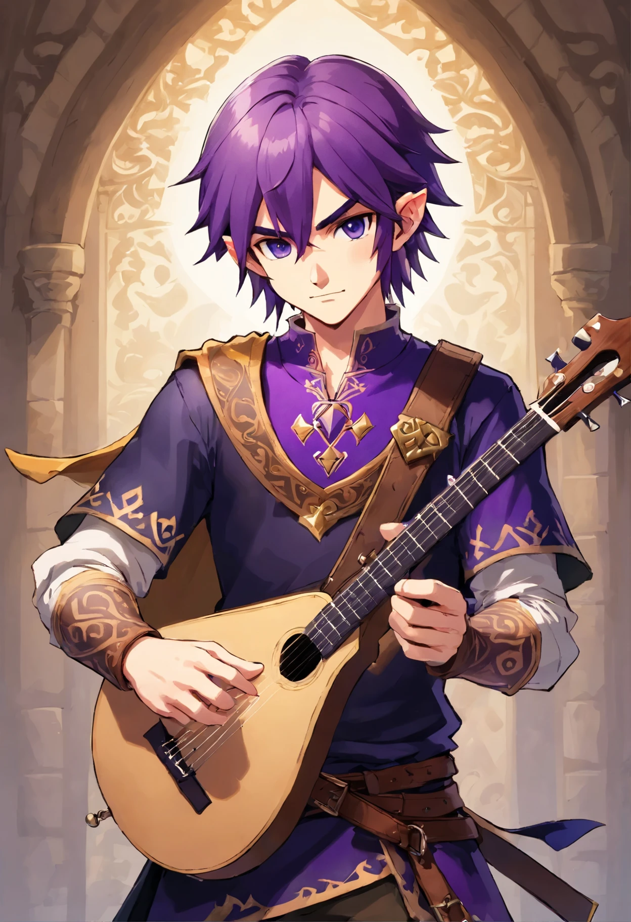 young adult man, bard, short purple hair, guitar on his back, flute on his waist, medieval clothes, leather armor, mystical tattoos