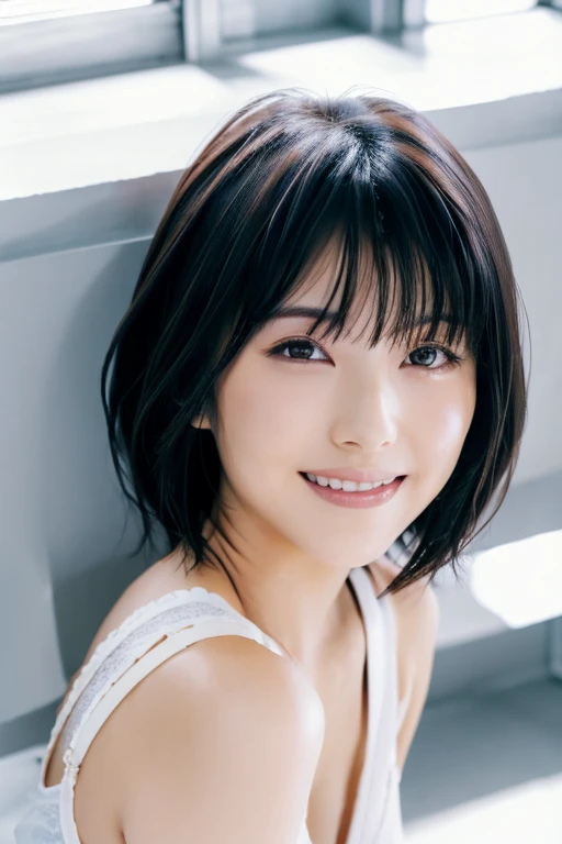 Japanese、Beauty、(masterpiece), (highest quality), (Super Detail), ⁽short hair⁽), (whole body), (1 female), (full body), (Idol), Beautiful fine details, 繊細でBeautiful Face, floating, (High saturation), (White bottom), Black Hair, bangs, A big smile, Girl in Love, highest quality, Very detailed, smile, Smart, Beautiful Face, 4K、8K、Lying on your back、Michan、Bed、Lying down、gravure、White bra、White Pants、