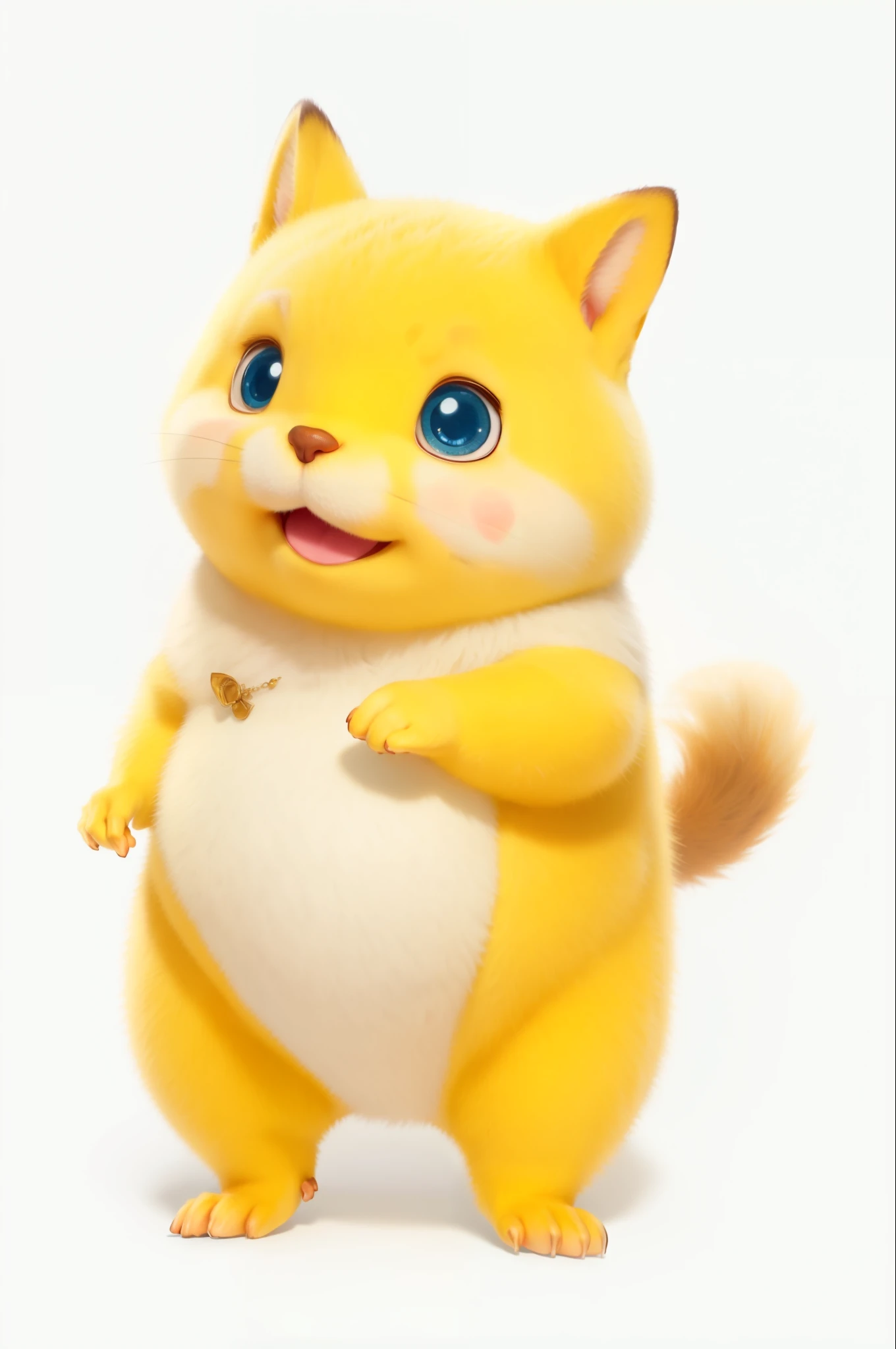 I'm smiling and dropping my hand、Cute chubby boy squirrel in pixar style、Wow cute、Yellow and white fur、The fur is very fluffy、Bright Blue Eyes
