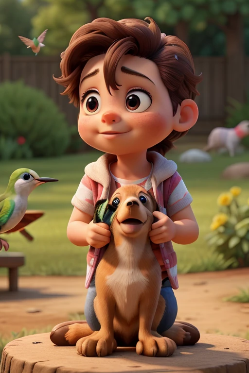 Baby looking at a hummingbird next to a sausage dog