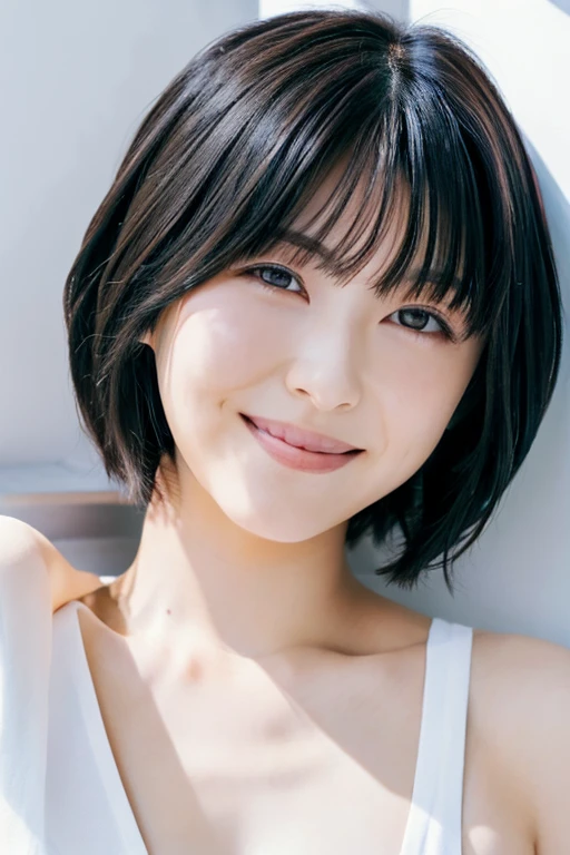 Japanese、Beauty、(masterpiece), (highest quality), (Super Detail), ⁽short hair⁽), (whole body), (1 female), (full body), (Idol), Beautiful fine details, 繊細でBeautiful Face, floating, (High saturation), (White bottom), Black Hair, bangs, A big smile, Girl in Love, highest quality, Very detailed, smile, Smart, Beautiful Face, 4K、8K、Lying on your back、Michan、Bed、gravure、White bra、White Pants、