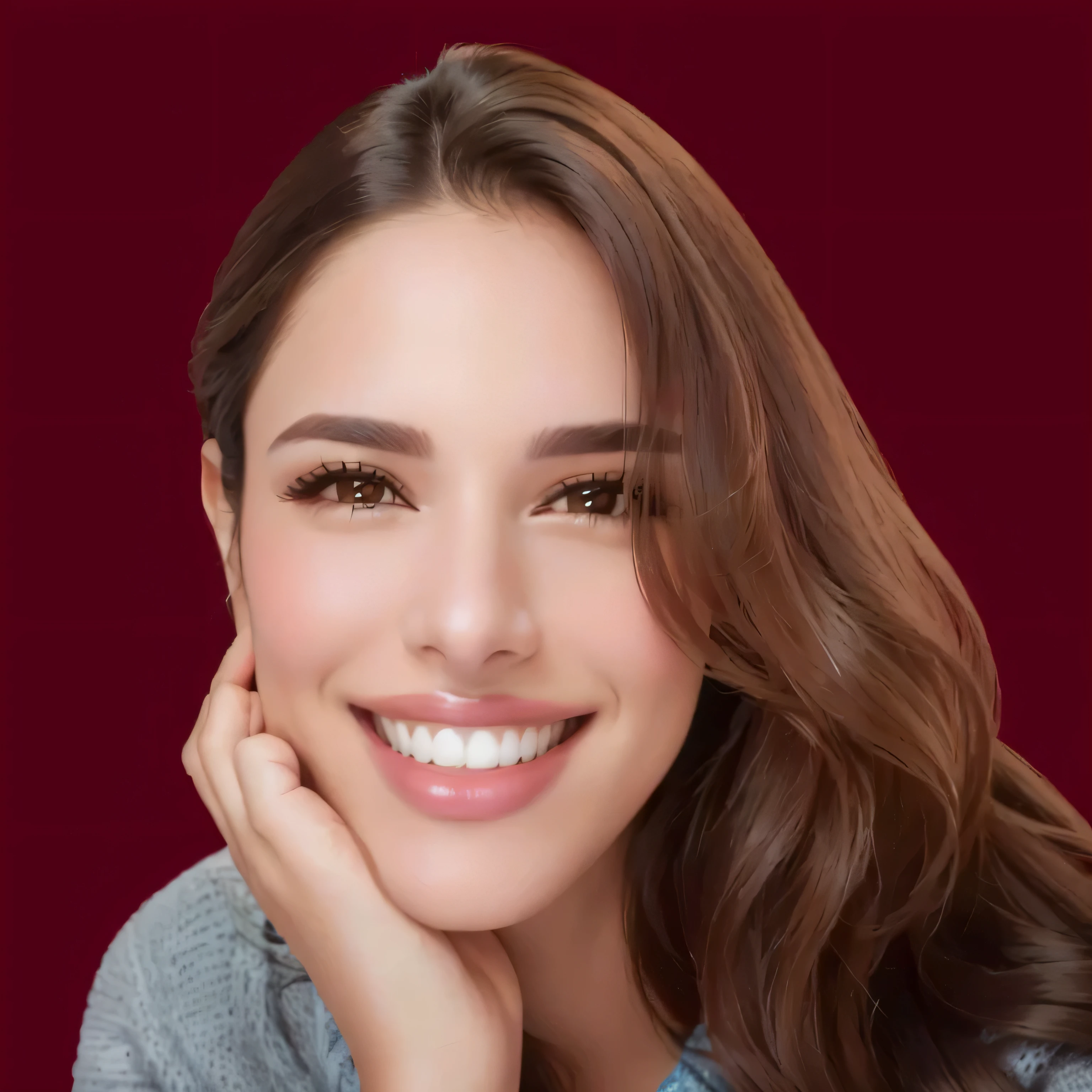 smiling woman with long brown hair and a gray sweater, headshot profile picture, fernanda suarez, headshot photo, lorena avarez, alanis guillen, headshot portrait, valentina remenar, inspired by Verónica Ruiz de Velasco, profile image, dramatic smiling pose, by Nándor Katona, karla ortiz, profile pic, marischa becker