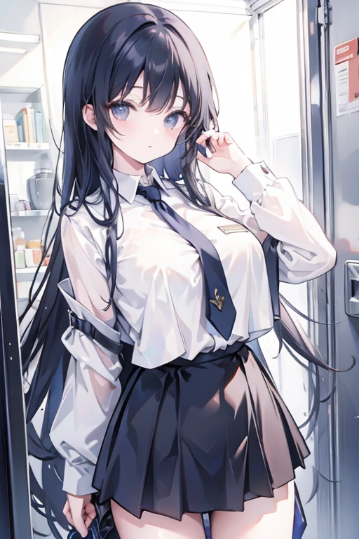 Fantasy dungeons scenario an Italian girl with very long black hair, thin, gigantic breasts the girl wears a blouse and a miniskirt with lapels, the girl is a prisoner, tied to the wall, slave collar