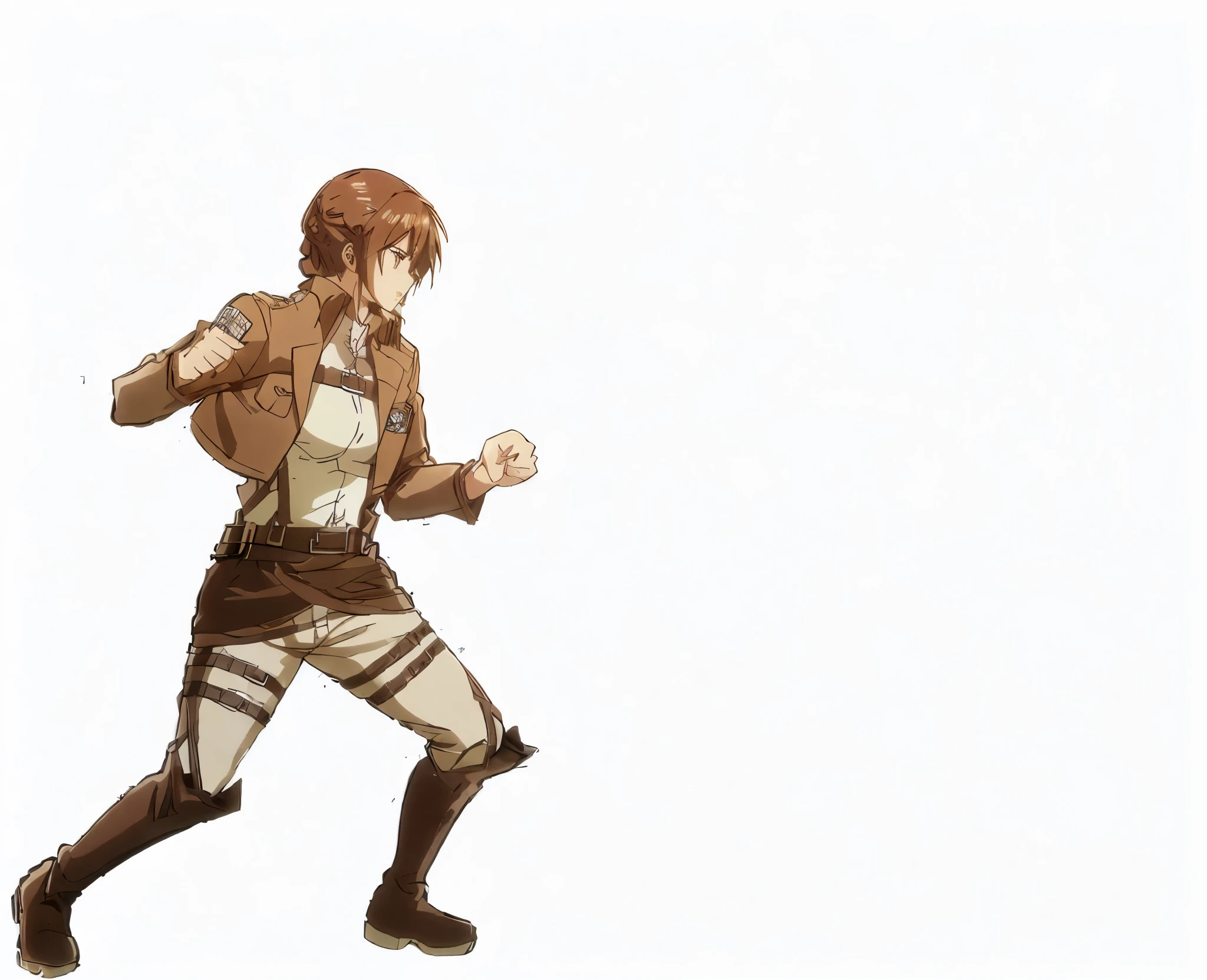 drawing, anime style, white background, Attack on titan,auburn braided hair, young female character with an athletic build and fierce expression. She has auburn hair styled in a braid, with strands falling loosely around her face. Her eyes should be vividly green in color.
Anja is wearing the standard cadet uniform consisting of a brown jacket with the insignia on the arm, a white shirt underneath, tan pants, belts/harnesses around her waist and legs, and sturdy brown boots suitable for combat training.
The composition should capture Anja mid-motion, in an offensive fighting stance. Her body should be angled forward, left foot planted with her right foot behind providing stability. Her left fist should be clenched and drawn back, ready to throw a powerful punch. Her right hand can be open and extended in front for balance.