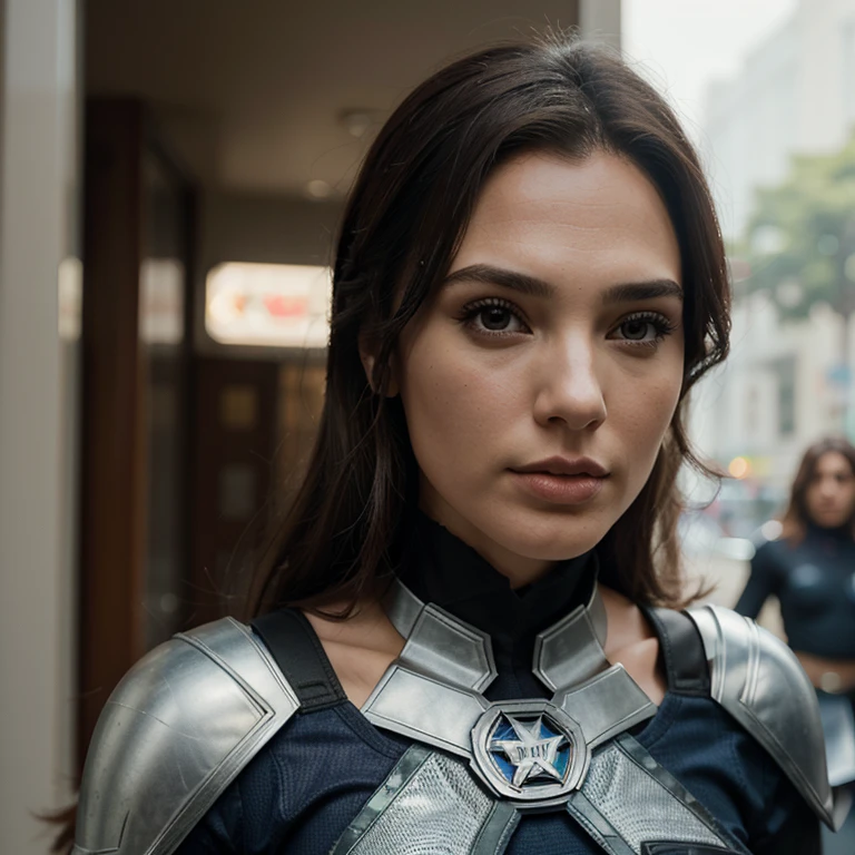 Personagem feminina, mulher maravilha estilo Marvel e DC, com rosto detalhada, roupa detalhada, muito detalhado, terno detalhado, realista, cinematographic, rosto detalhado, olhos detalhados, boca detalhada, pose frontal, Vista frontal, cabelos com movimento, cabelos realistas, female heroine uniform, Atriz Gal Gadot, dia + luz + luz do dia+ fundo branco, Realistic lighting, estilo realista.