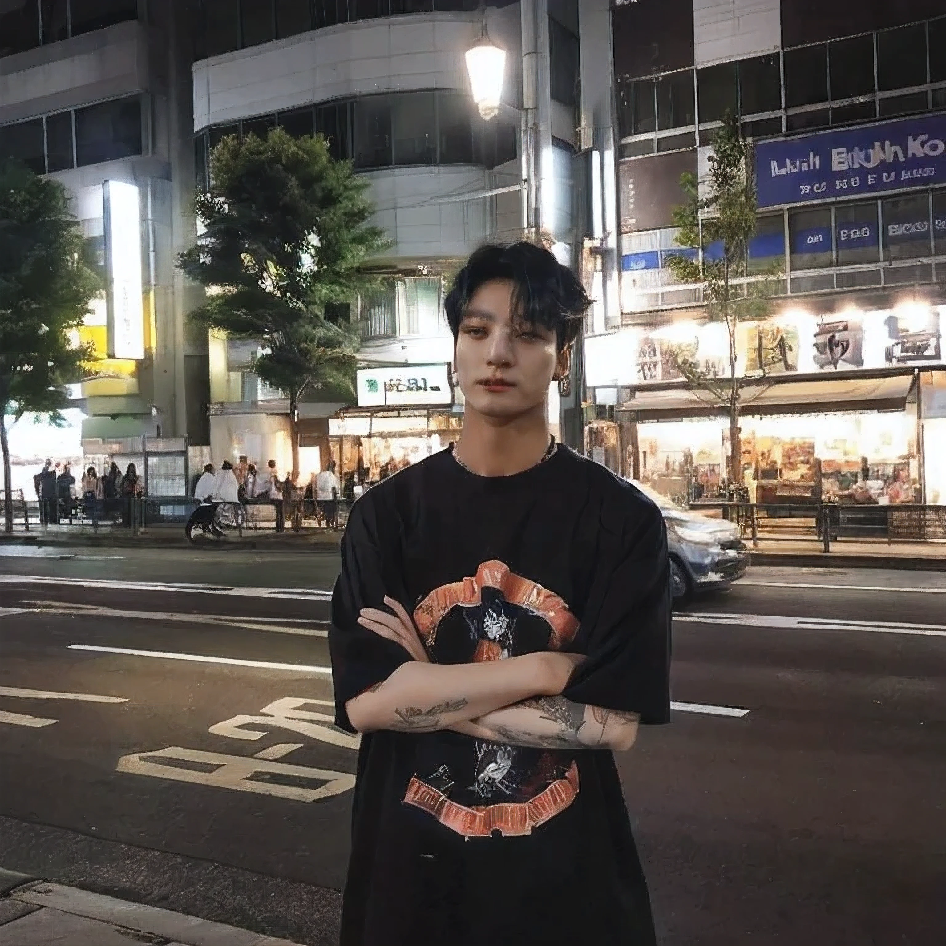 Arafed man standing on the side of the road at night, Kim Doyoung, Jungkook, Jinyoung Shin, hyung tae, japanese Moda urbana, male Ulzzang, Tae June Kim, homem sul-coreano, in front of ramen shop, cute japanese demon boy, Ulzzang, Hong junho hyung, trend in r/Moda urbana, imagem de perfil, por Mestre Kanbun. Jeon Jungkook