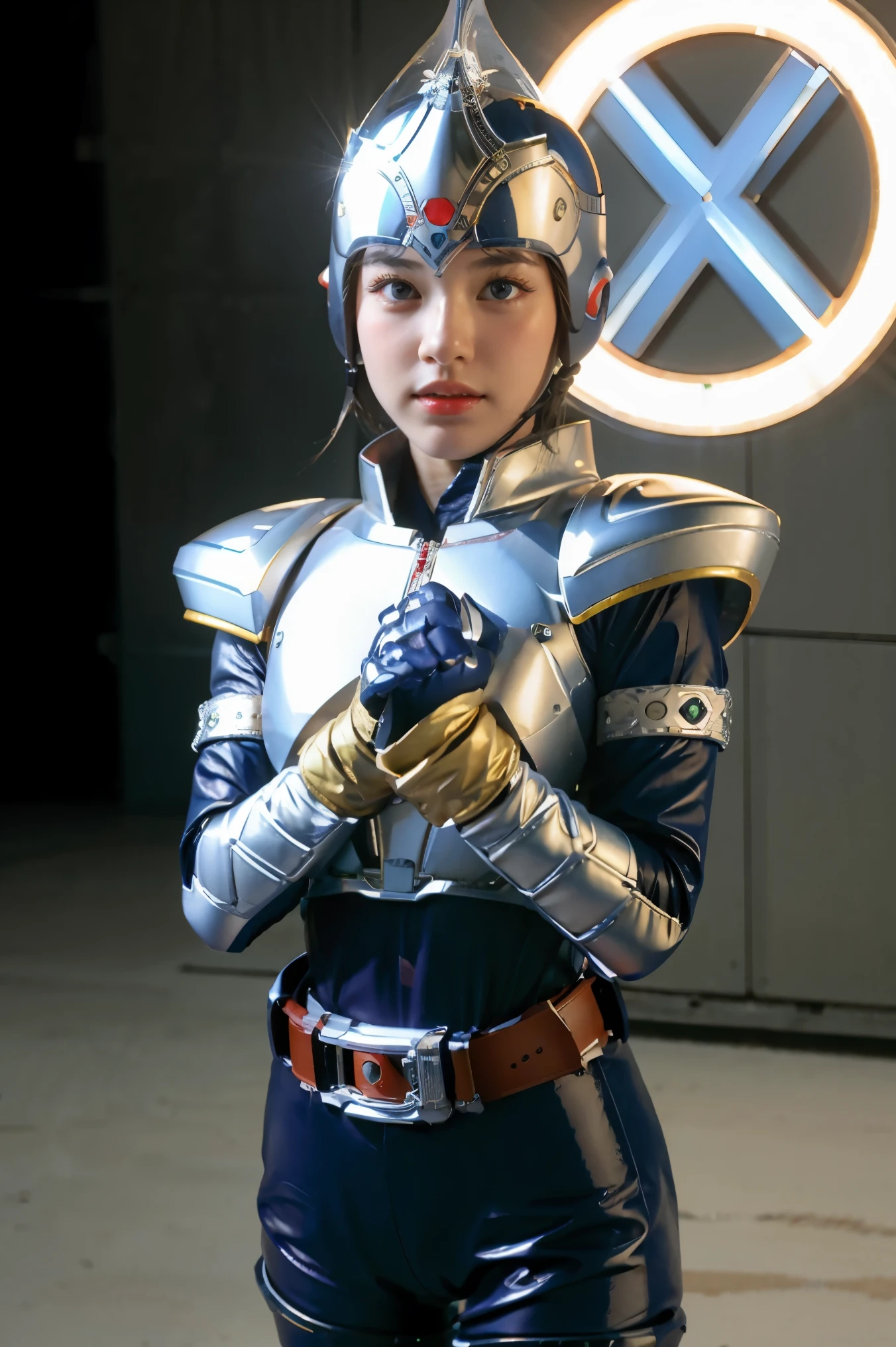 (extremely detailed CG), (best quality), perfect face,  shiny skin, lustrous skin, solo,1girl,BladeRider, blue gloves,rider belt,gloves, bodysuit, , armor,belt,helmet.clenched hands,fighting stance,